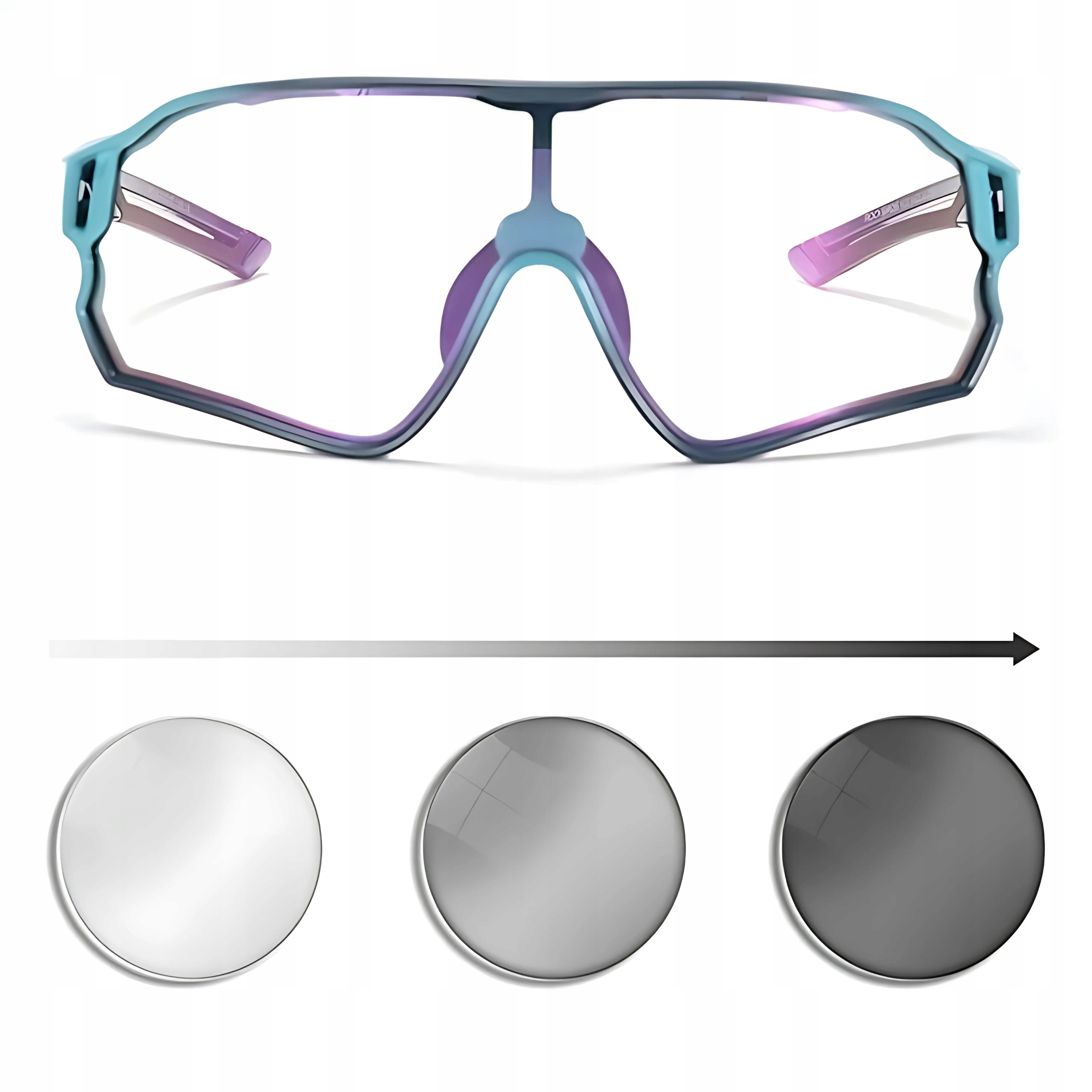 Niebiesko-fioletowe okulary przeciwsłoneczne sportowe z trzema różnymi soczewkami. Soczewki są przezroczyste, szare i ciemnoszare.