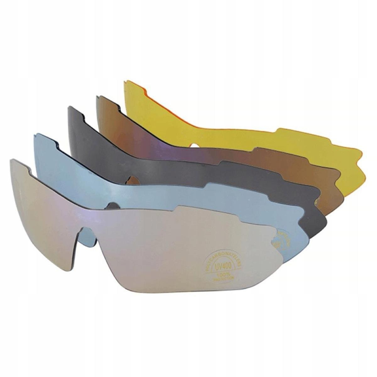 Wiele soczewek okularów przeciwsłonecznych w różnych kolorach. Soczewki są żółte, niebieskie, fioletowe, szare i lustrzane.