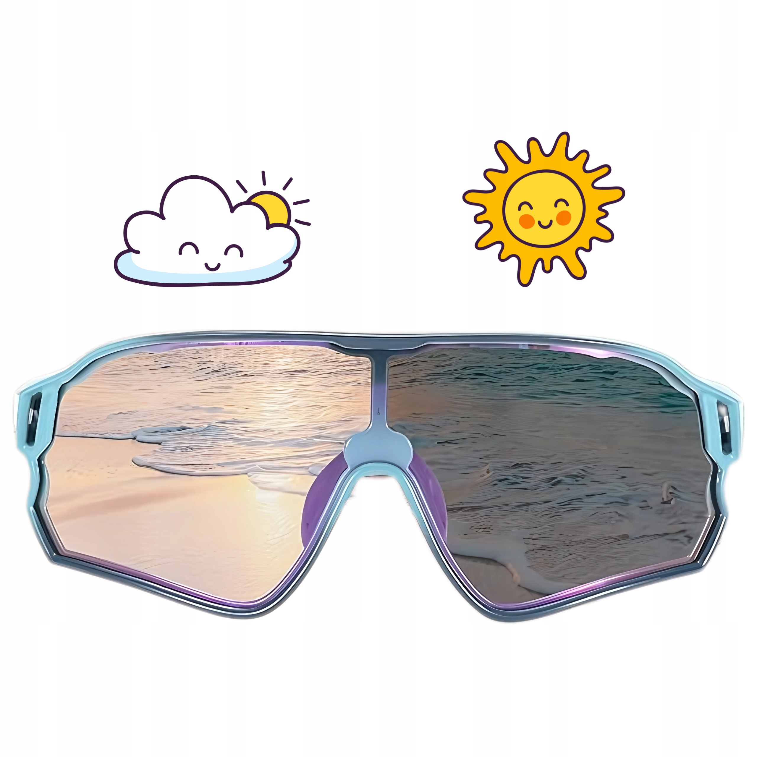 Niebiesko-fioletowe okulary przeciwsłoneczne z plażą w soczewce. Jest chmura i ikona słońca.