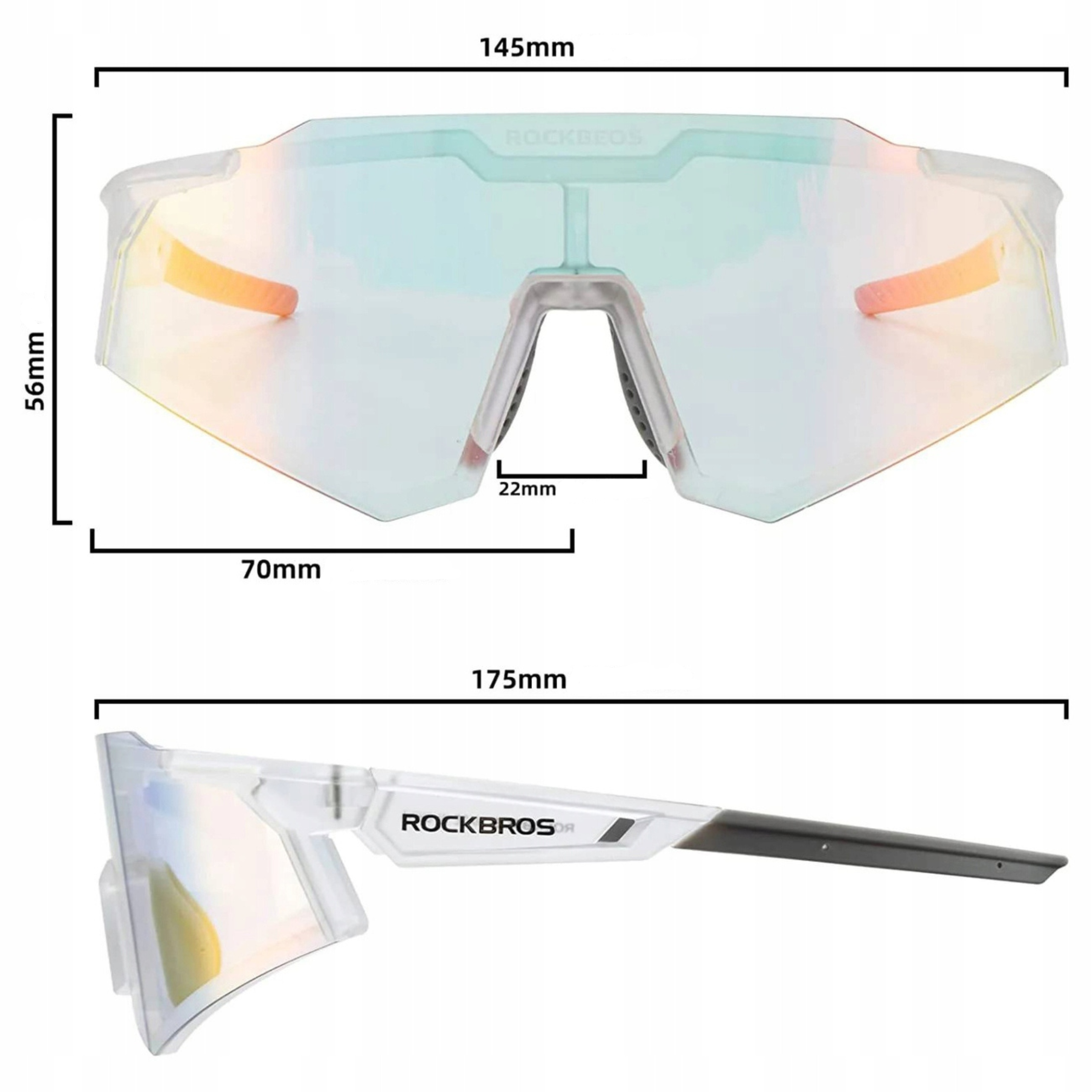 Okulary przeciwsłoneczne sportowe z wymiarami: 145 mm, 70 mm, 56 mm, 22 mm i 175 mm. Widoczna jest marka Rockbros.