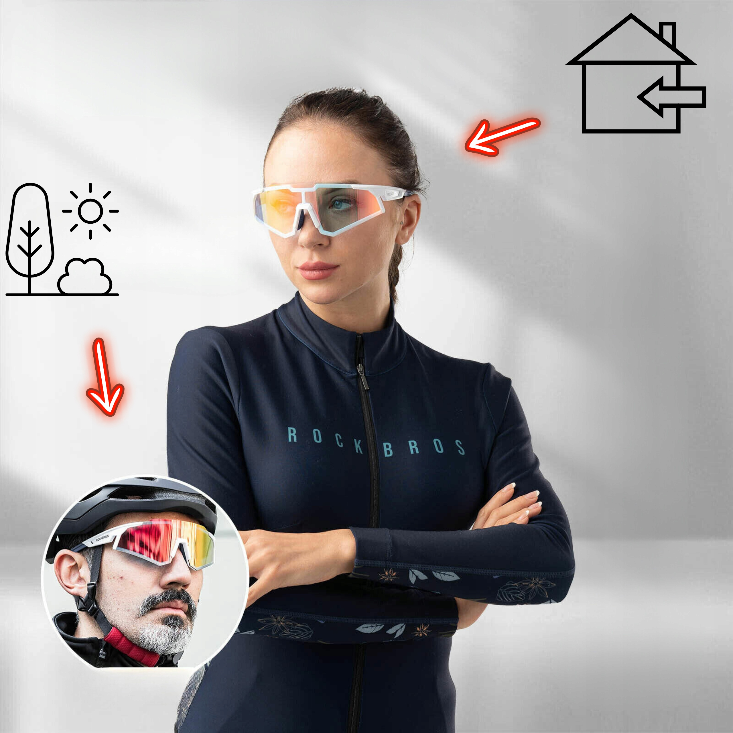 Kobieta nosząca białe okulary przeciwsłoneczne. Istnieją ikony i strzałki ilustrujące zalety okularów.