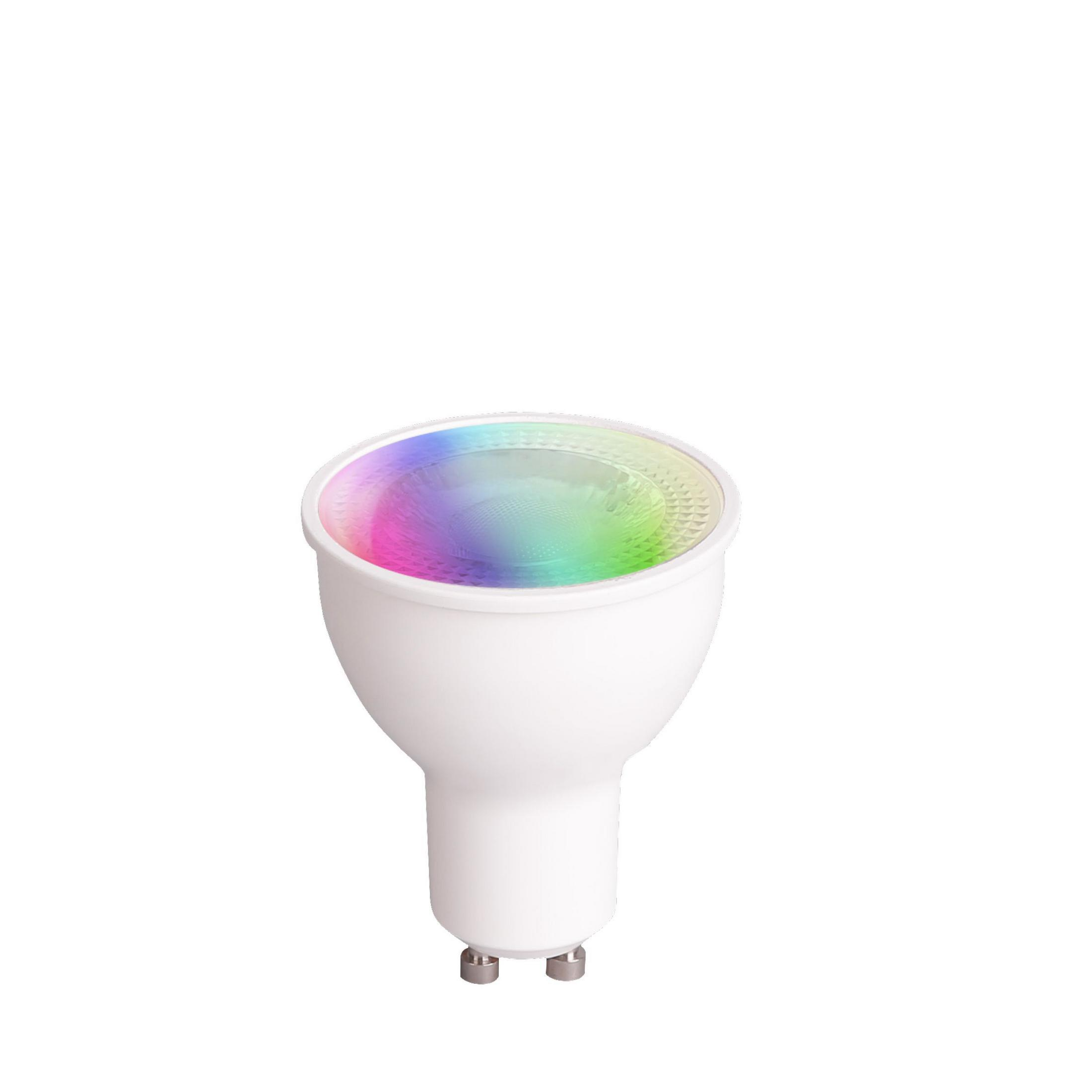 Eine weiße Glühbirne mit farbenfrohem Oberteil. Die Oberseite der Glühbirne ist ein Regenbogen. Weißer Hintergrund.