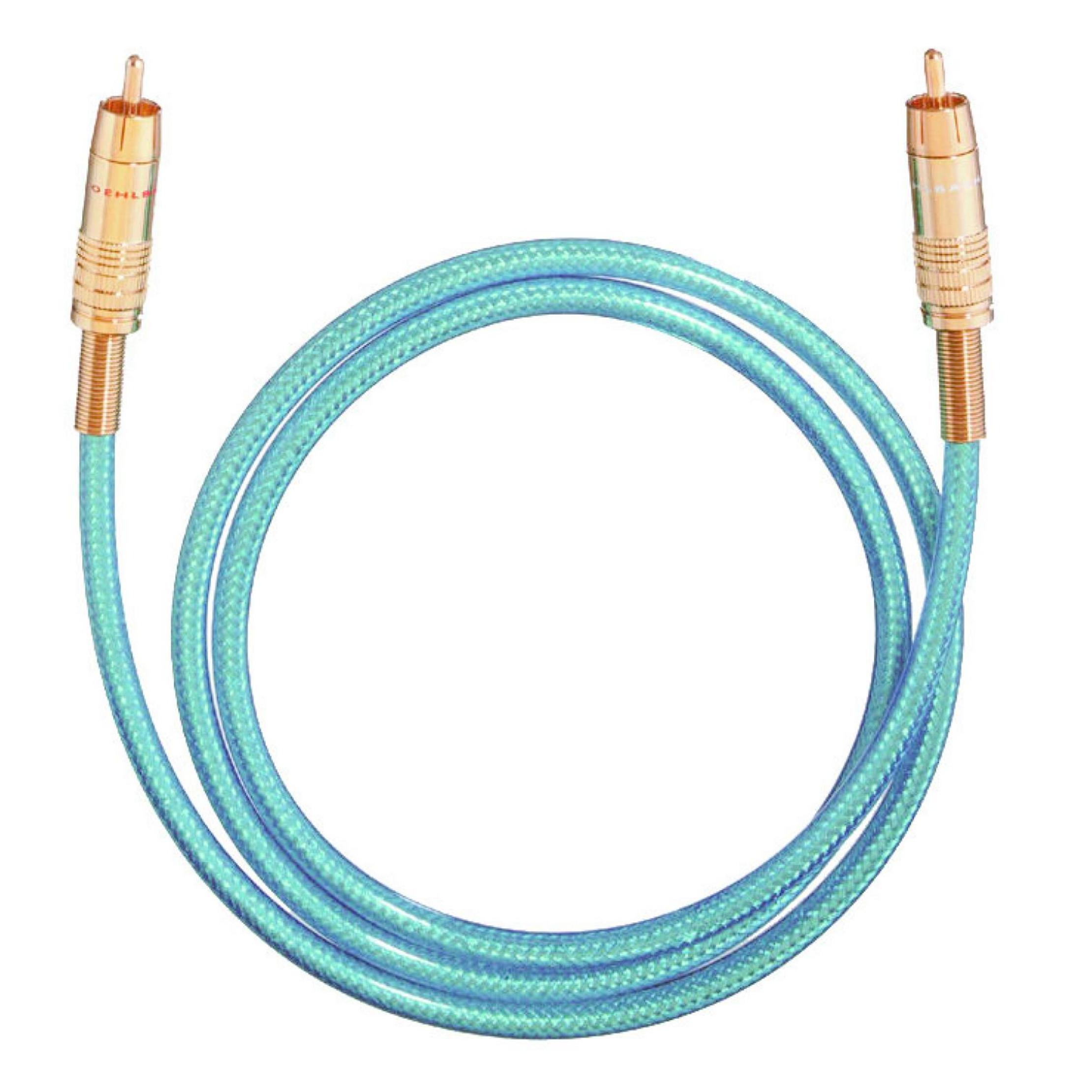 Blaues Audiokabel mit Goldsteckern. Aufgerollt auf weißem Grund.