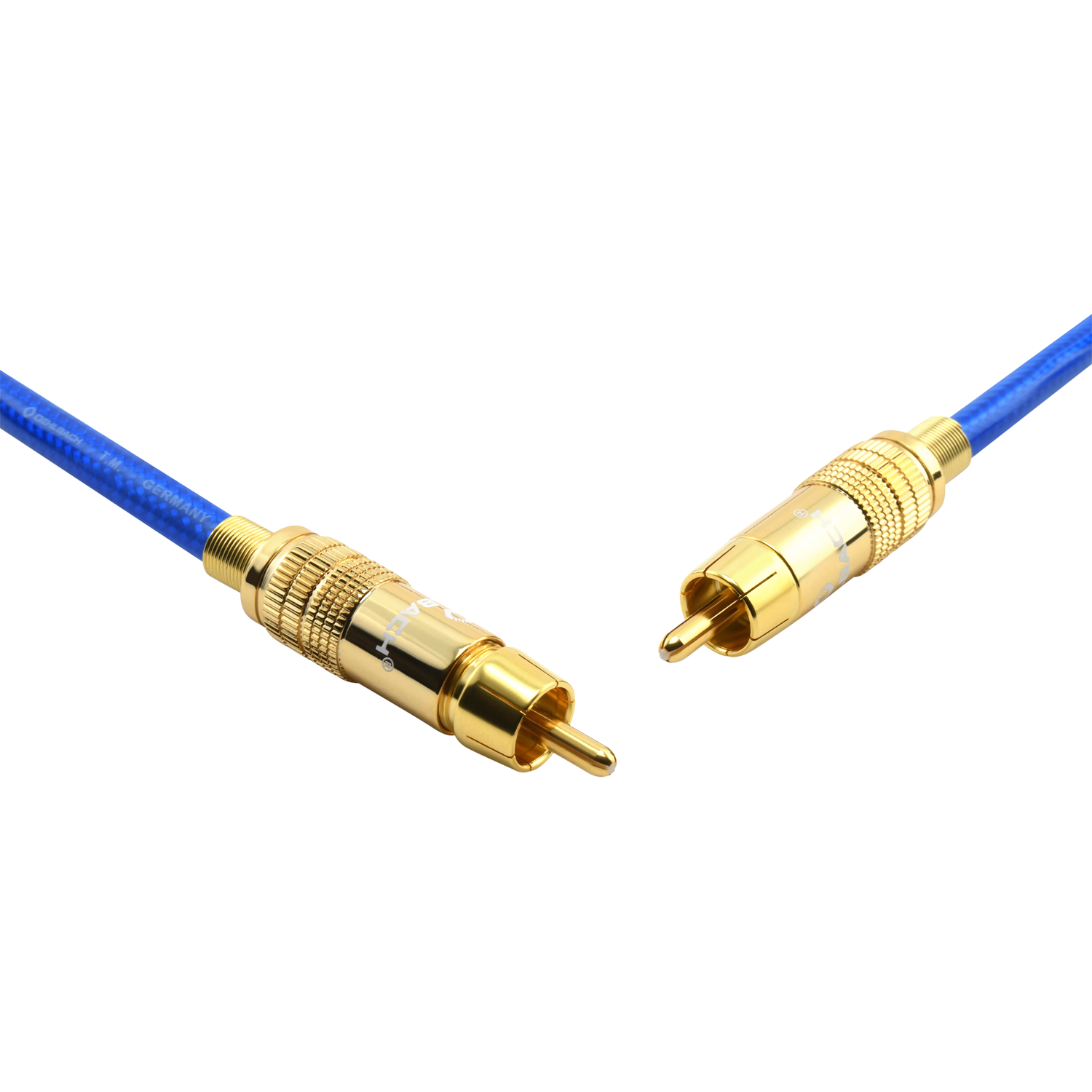 Blaues Audiokabel mit goldenen Steckern, schwarzer Hintergrund. Die Stecker sind vom RCA-Typ.