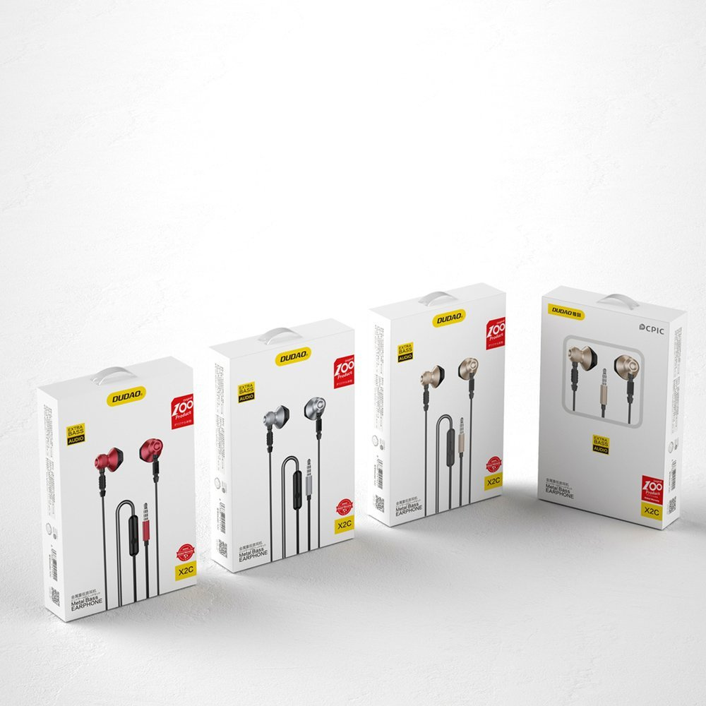 Cztery białe pudełka słuchawek, każde z innym kolorem widocznych słuchawek.