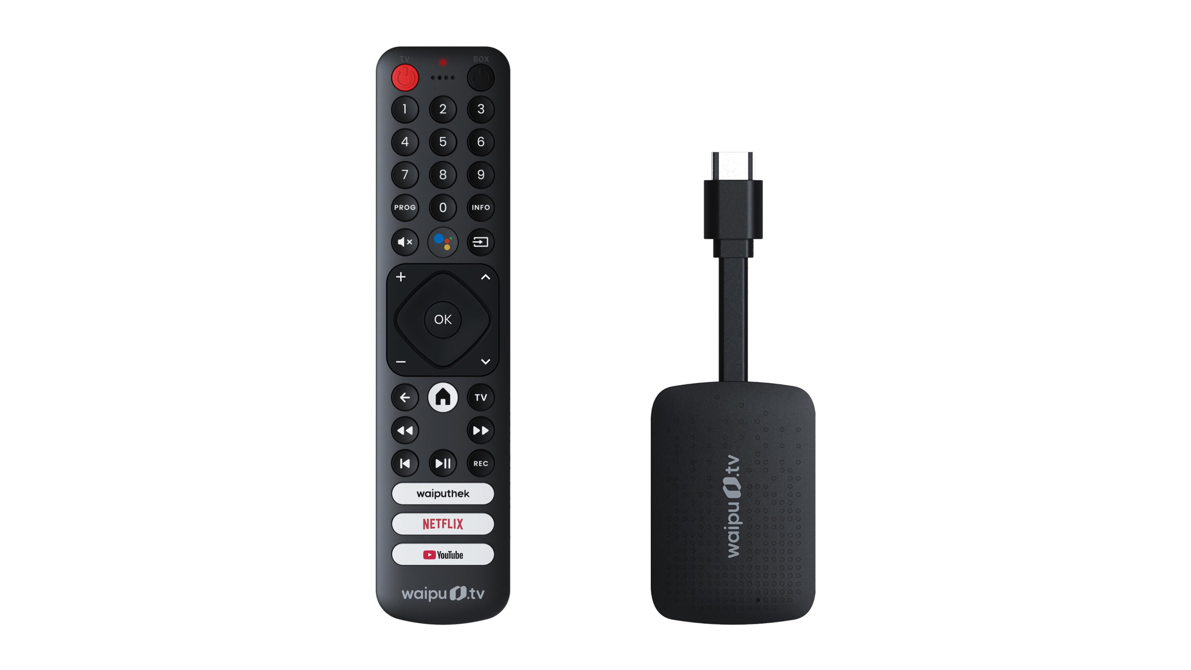 Schwarze TV-Fernbedienung und Streaming-Gerät. Weißer Hintergrund, sauberer Schuss.