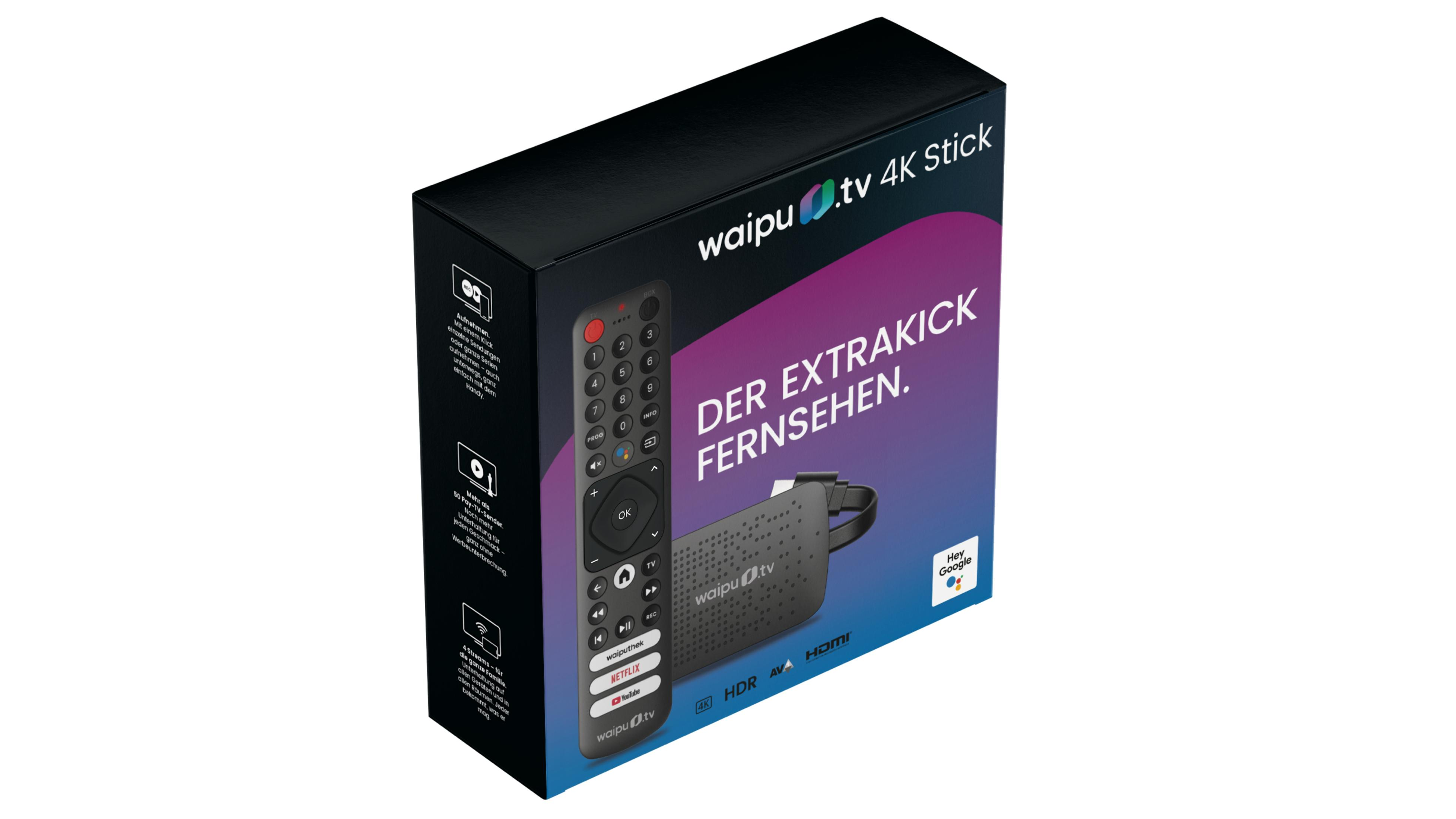 TV-Streaming-Gerätebox mit Fernbedienung. Schwarze Box, weißer Hintergrund.