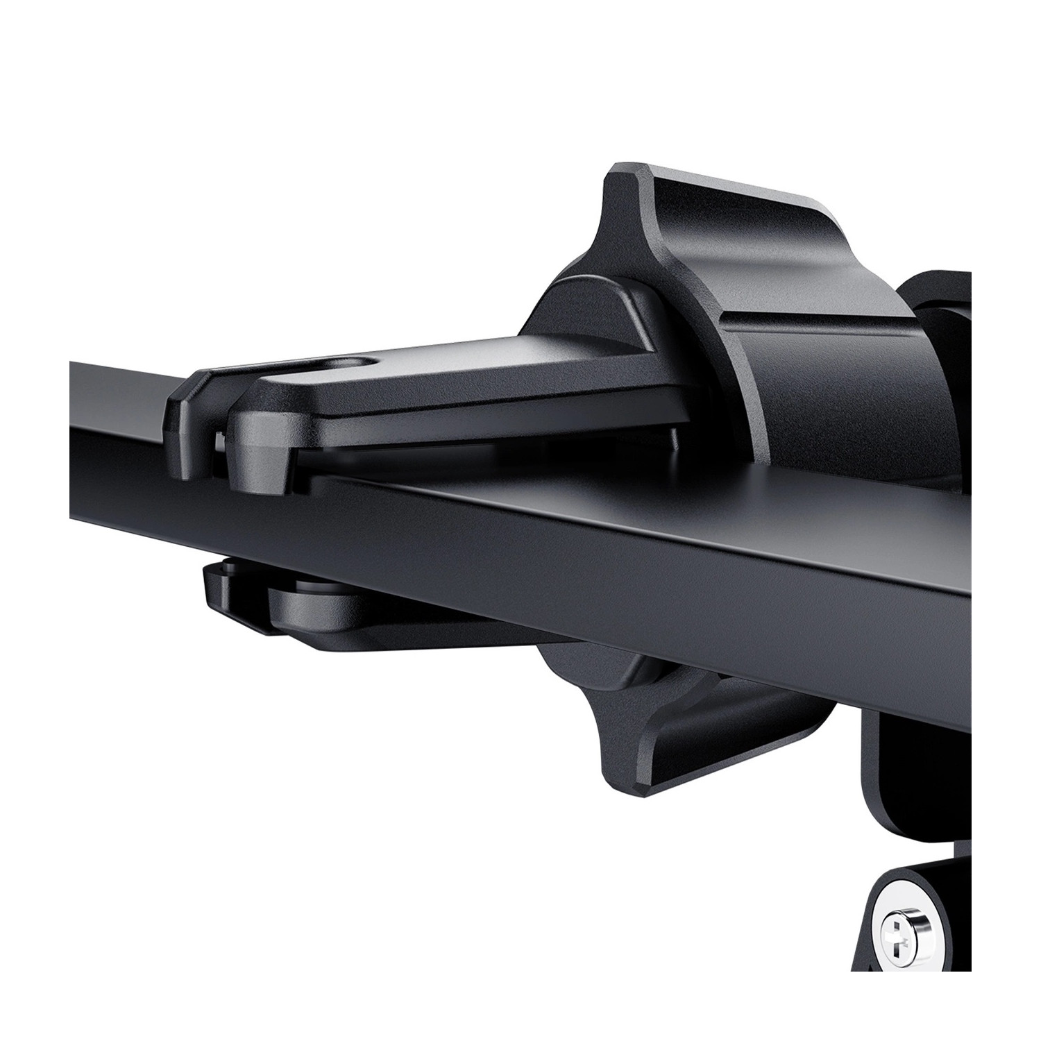 Szczegóły czarnego uchwytu samochodowego do telefonu. Zbliżenie na klips i mocowanie.