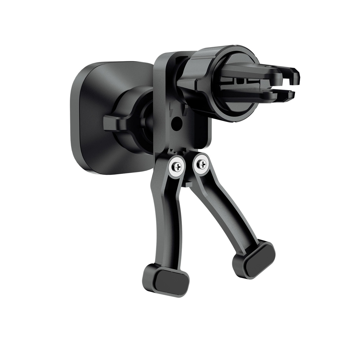 Czarny uchwyt samochodowy do telefonu. Powierzchnia magnetyczna, klips wentylacyjny i regulowane nóżki.