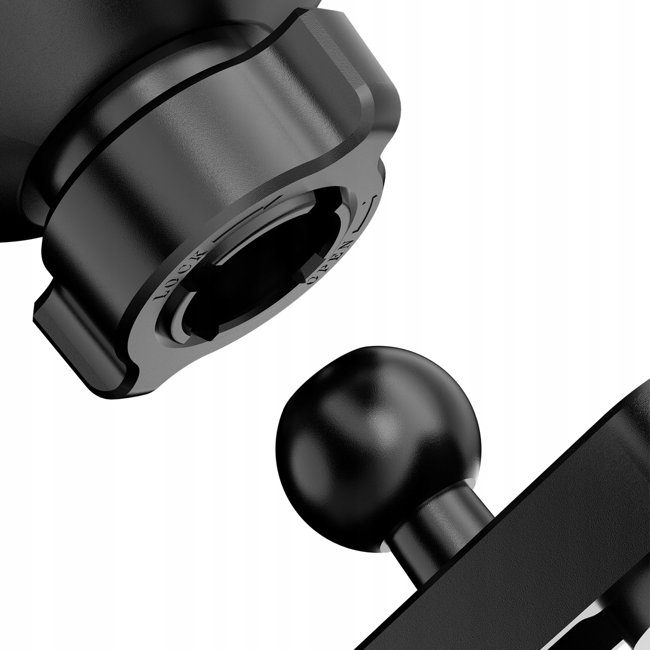 Zbliżenie czarnego przegubu kulowego i połączonego czarnego pokrętła z napisem "LOCK".