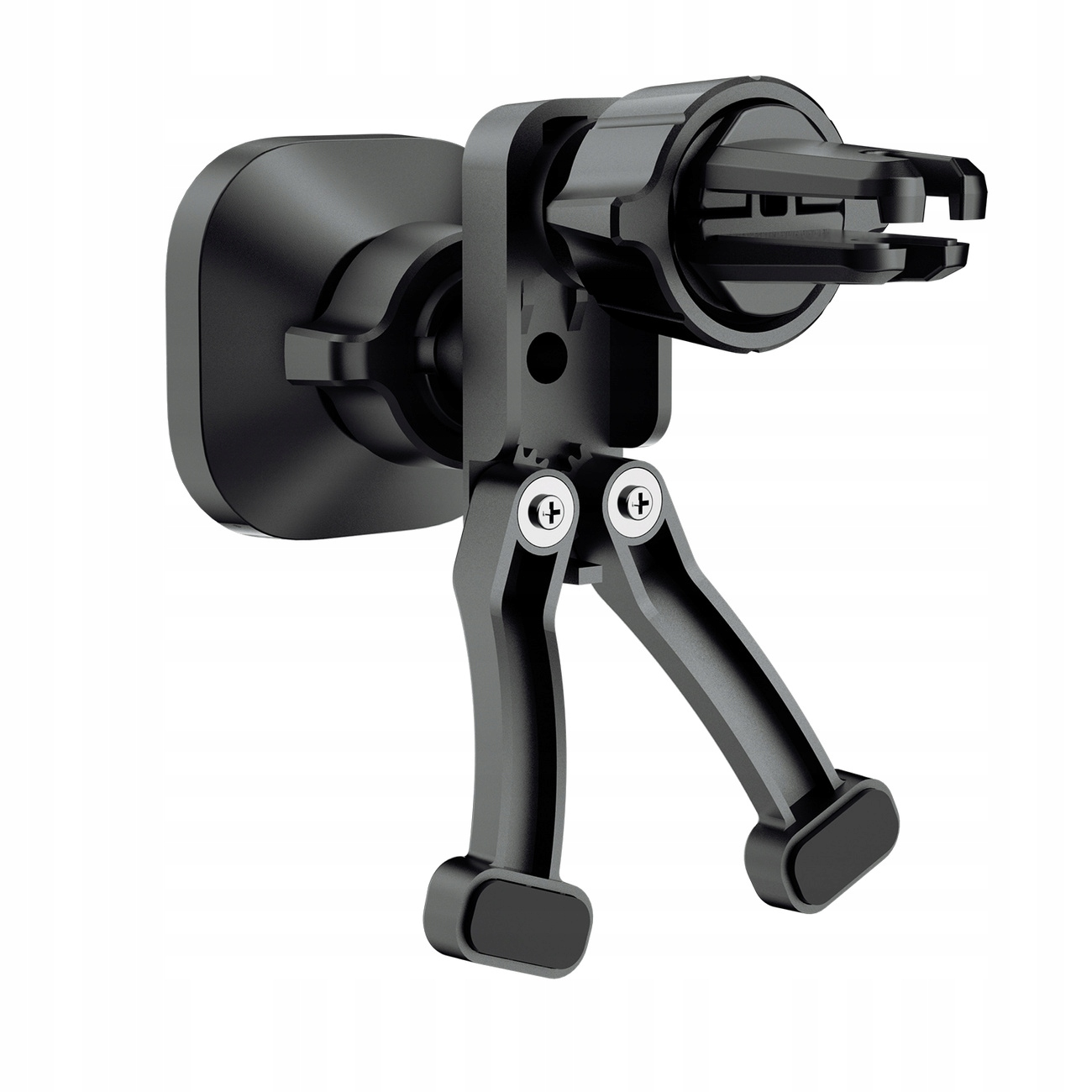 Czarny uchwyt na telefon do kratki wentylacyjnej samochodu. Jest wykonany z tworzywa sztucznego, z dwoma ramionami rozciągającymi się w dół.