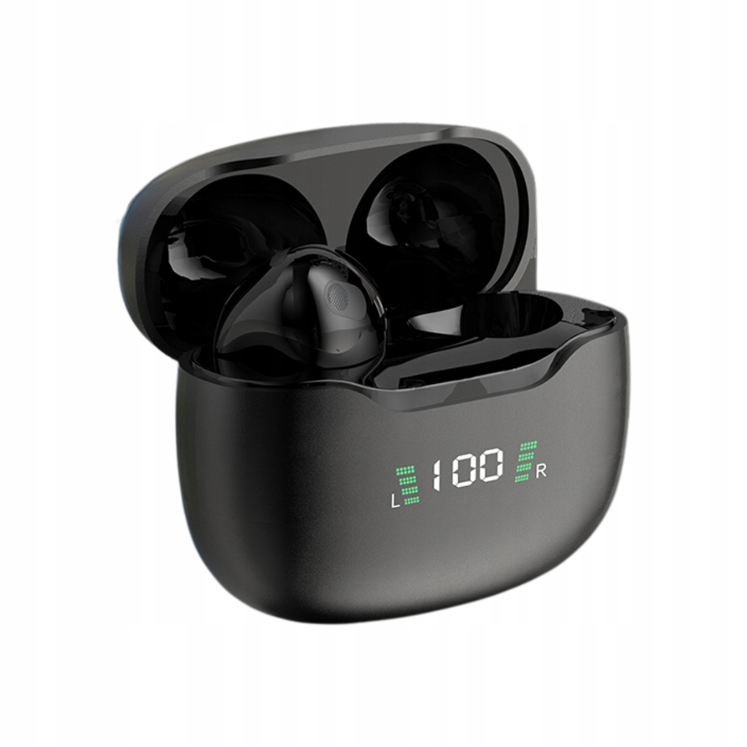 Czarne bezprzewodowe słuchawki douszne z otwartym etui, pokazujące poziom naładowania baterii.