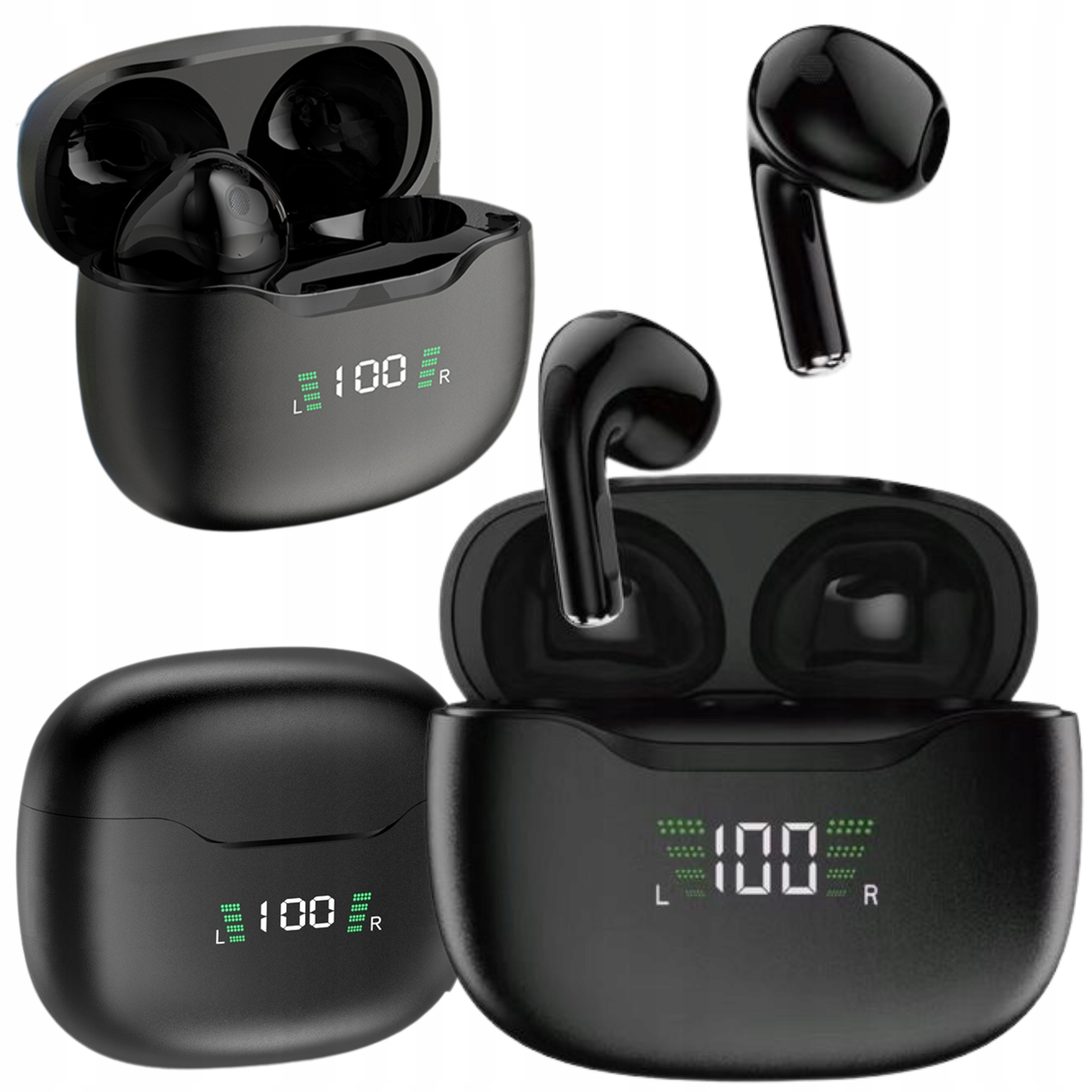Czarne bezprzewodowe słuchawki w etui ładującym, z wyświetlaczem cyfrowym. Niektóre słuchawki pokazano osobno.