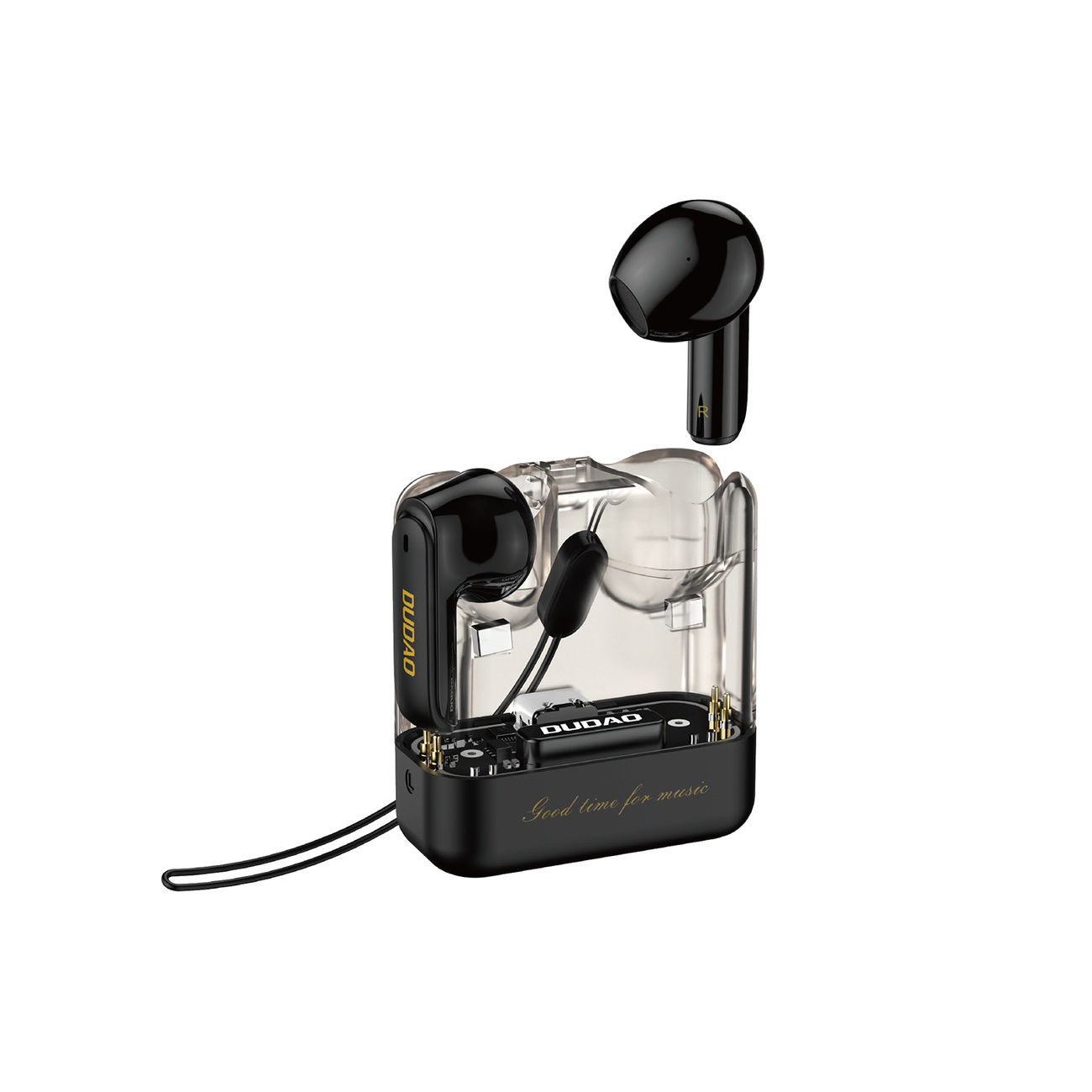 Czarne bezprzewodowe słuchawki z przezroczystym etui, ze słuchawkami oddzielonymi od etui.