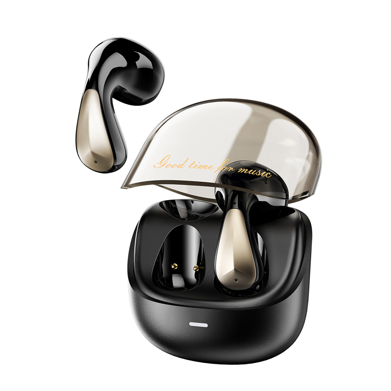 Auricolari wireless neri e dorati con custodia trasparente, con gli auricolari separati dalla custodia.