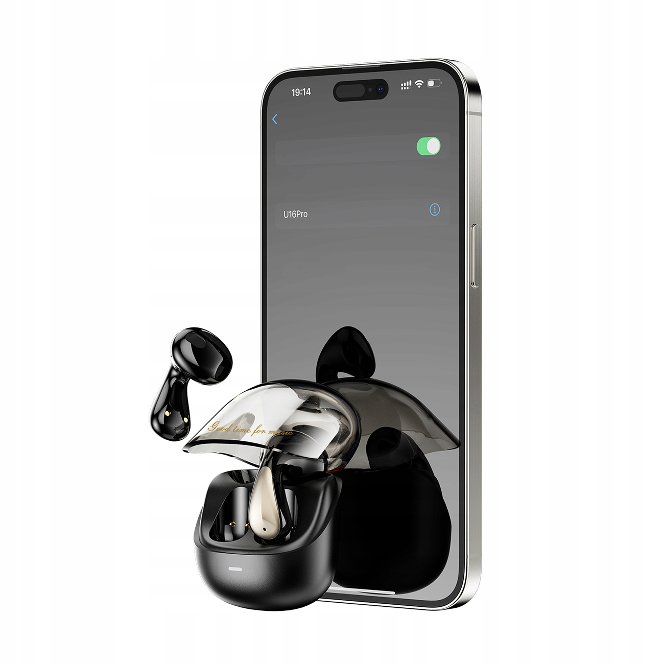Auricolari wireless neri e oro e la loro custodia accanto a uno smartphone che mostra un menu.