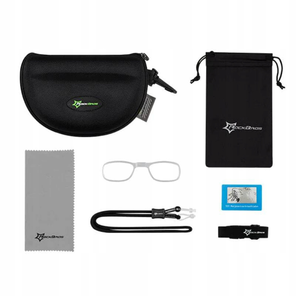 Akcesoria do okularów przeciwsłonecznych sportowych, w tym etui, ściereczka do czyszczenia i dodatkowa oprawka soczewki.