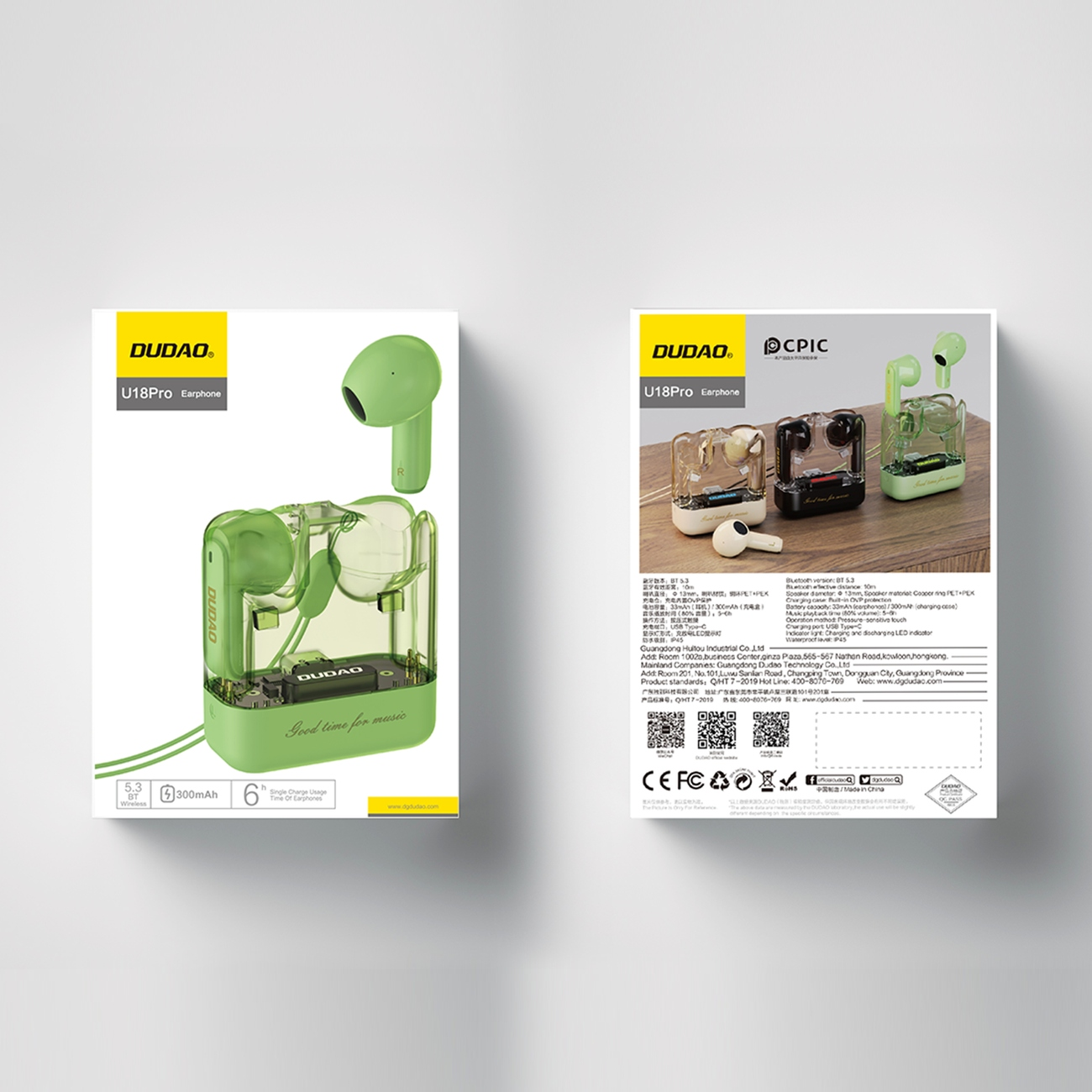 Dwa opakowania produktu dla zielonych bezprzewodowych słuchawek i etui. Oba pudełka są białe.