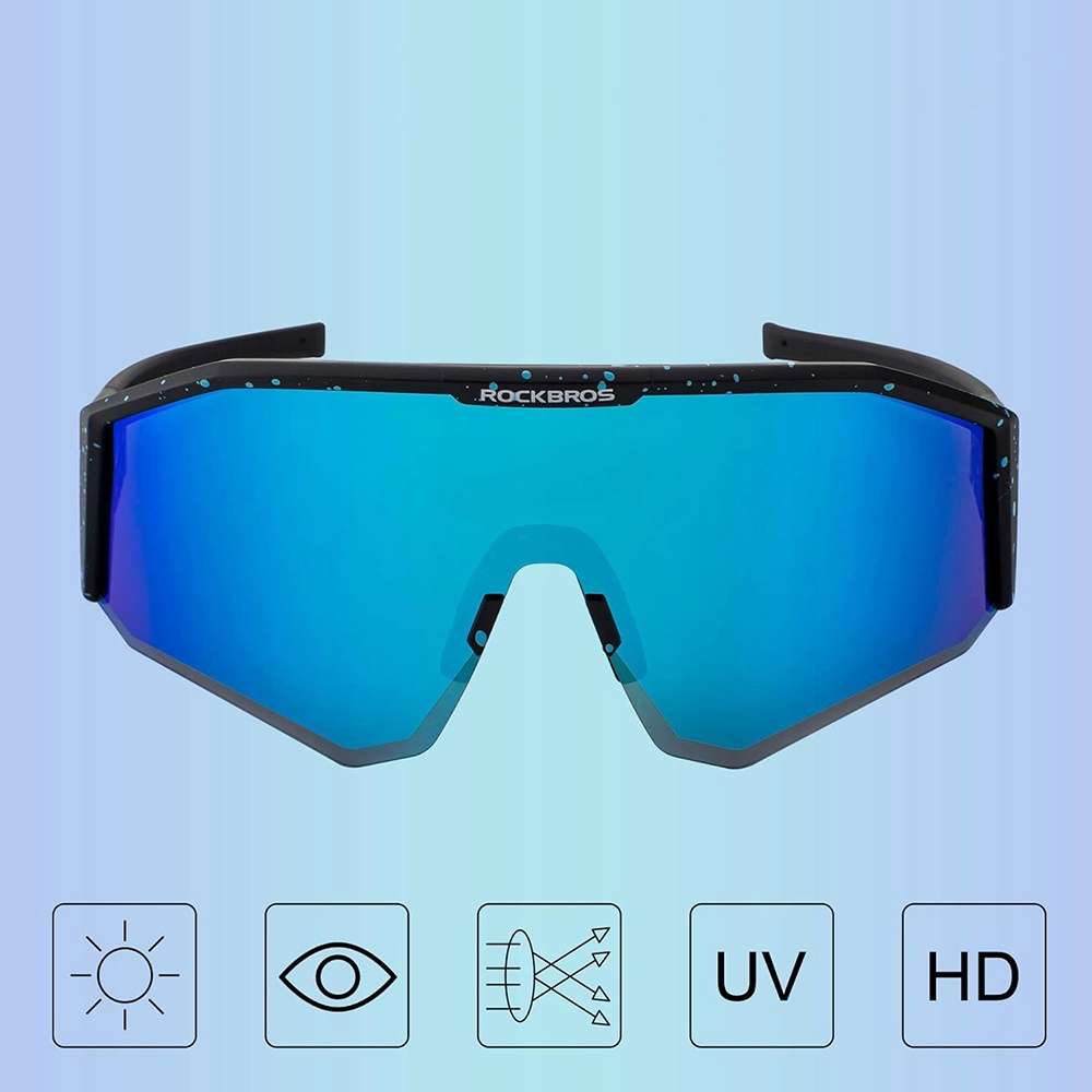 Czarne i niebieskie okulary przeciwsłoneczne Rockbros. Ikony słońca, oka, filtra, UV i HD. Niebieskie tło.