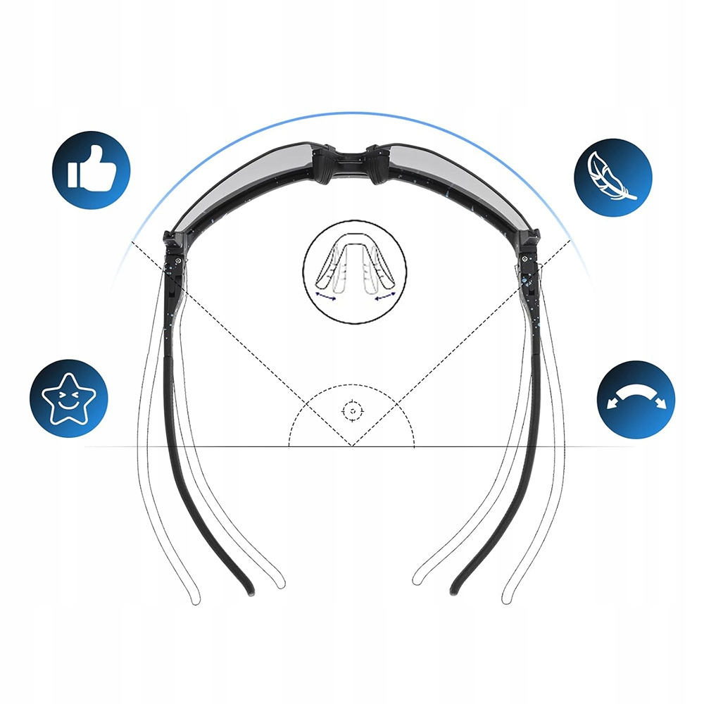 Okulary przeciwsłoneczne z ikonami. Wyświetlane są ikony kciuka w górę, gwiazdy i zakrzywionej strzałki.