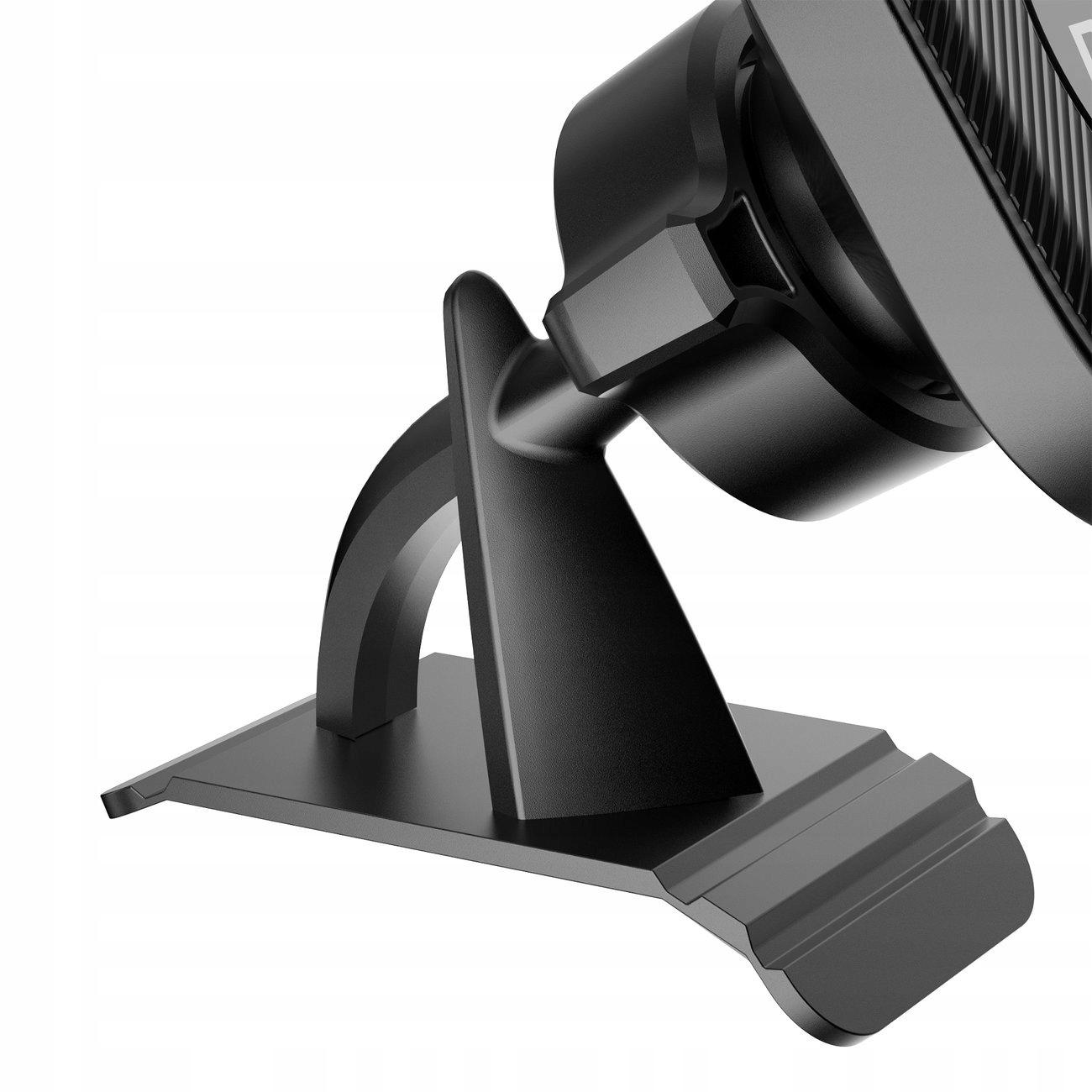 Zbliżenie czarnego uchwytu samochodowego na telefon z jego podstawą i ramieniem.