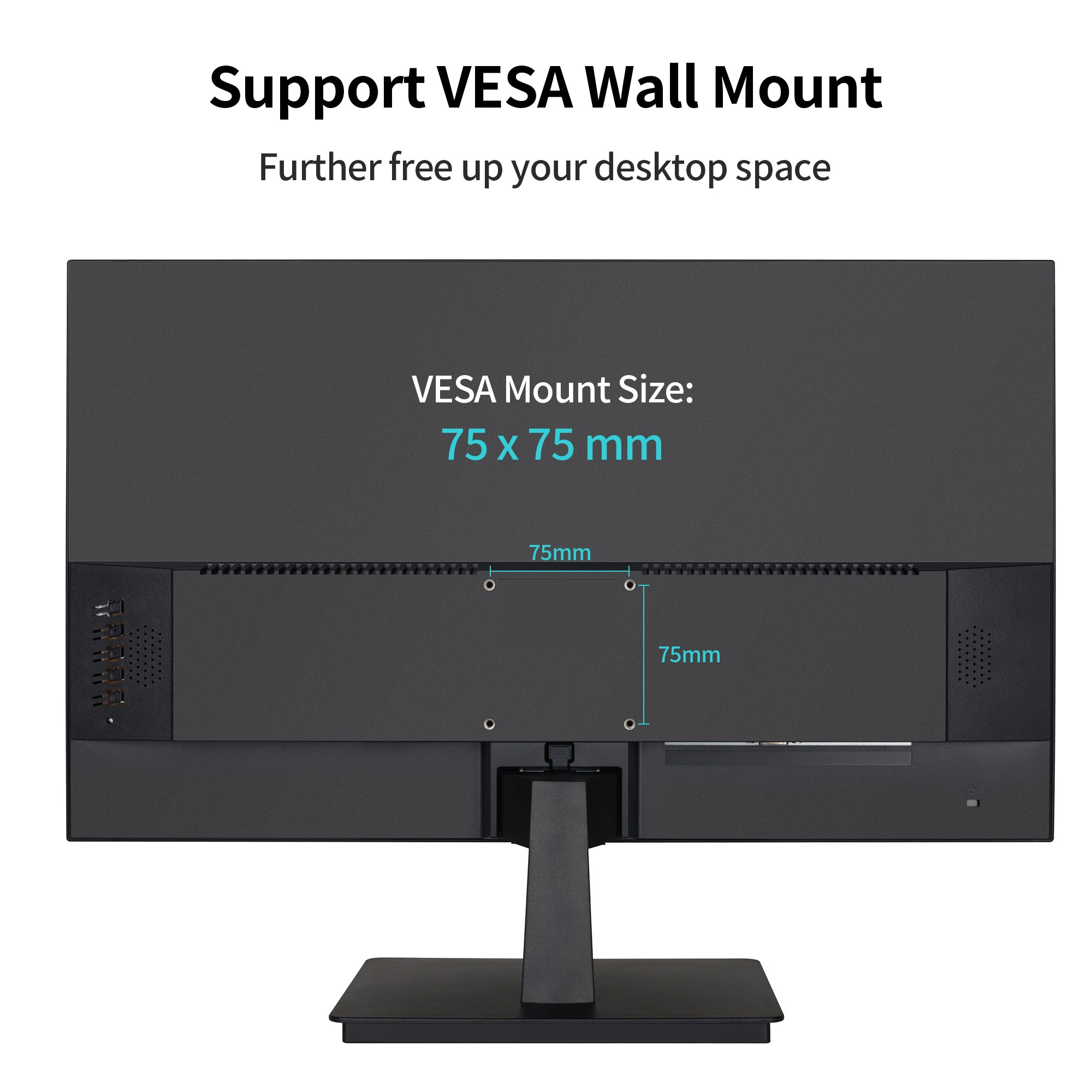 Achteraanzicht van een computermonitor met VESA-montagedetails en afmetingen.