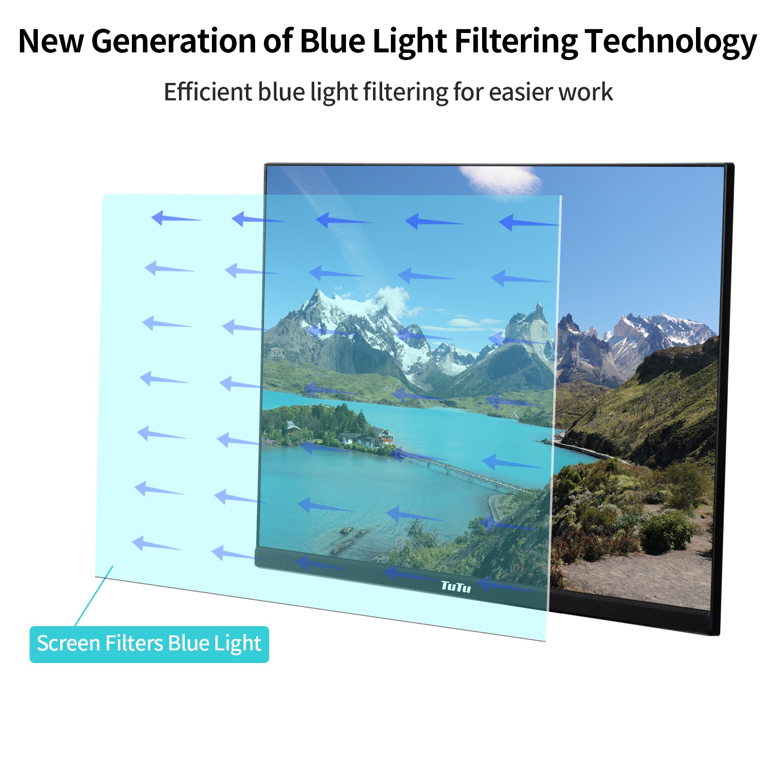 Een scherm met blauwe pijlen en een scherm met landschap, illustratief voor blauwlichtfiltering.