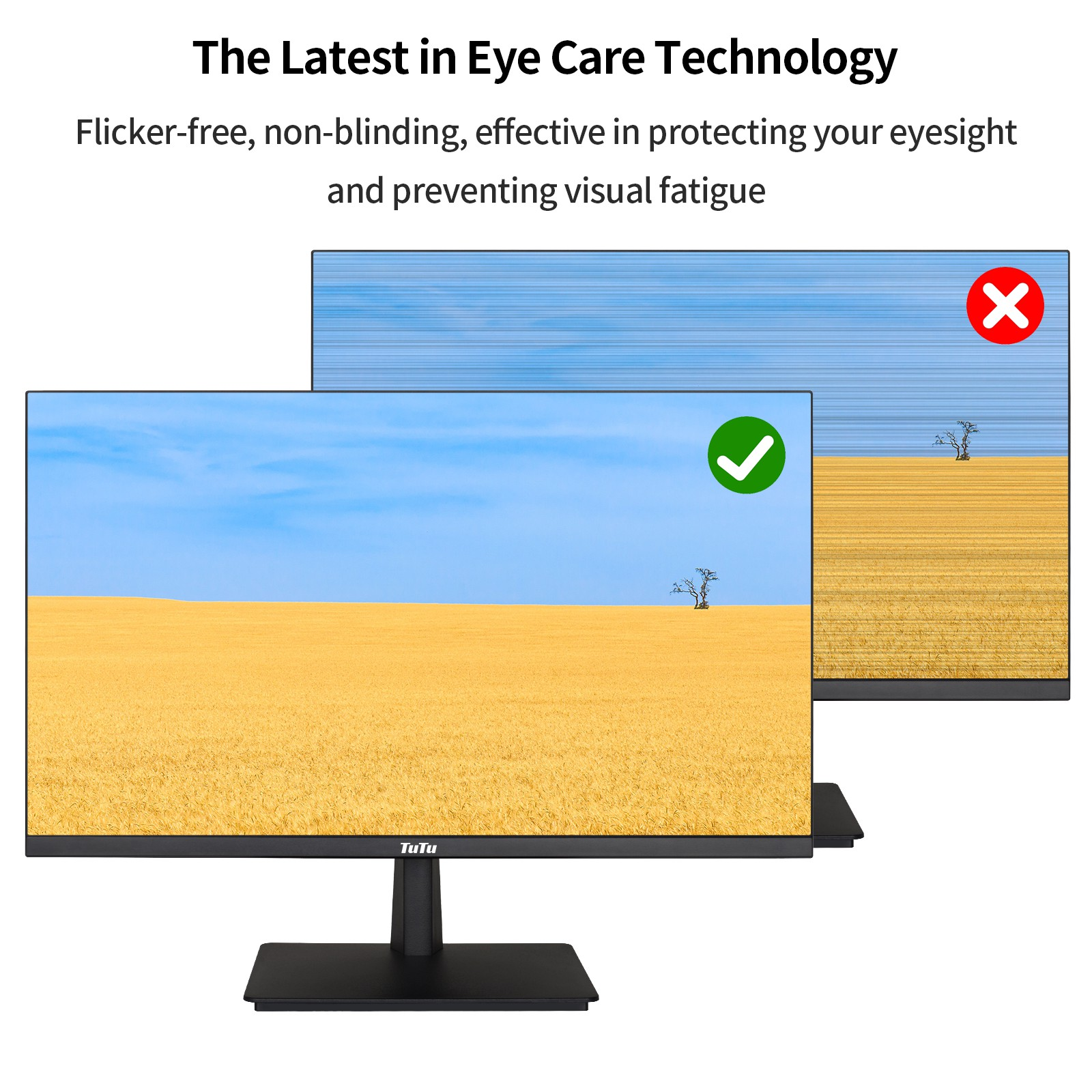 Een monitor toont een landschap met een groene vink. Een andere toont een vergelijkbare scène met een X.