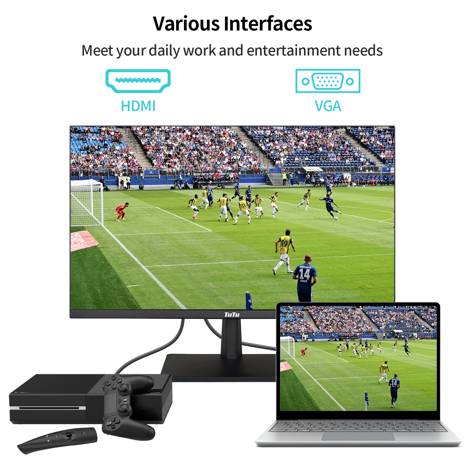 Een monitor, een laptop en een gameconsole zijn aangesloten en tonen een voetbalwedstrijd. HDMI- en VGA-poorten worden getoond.