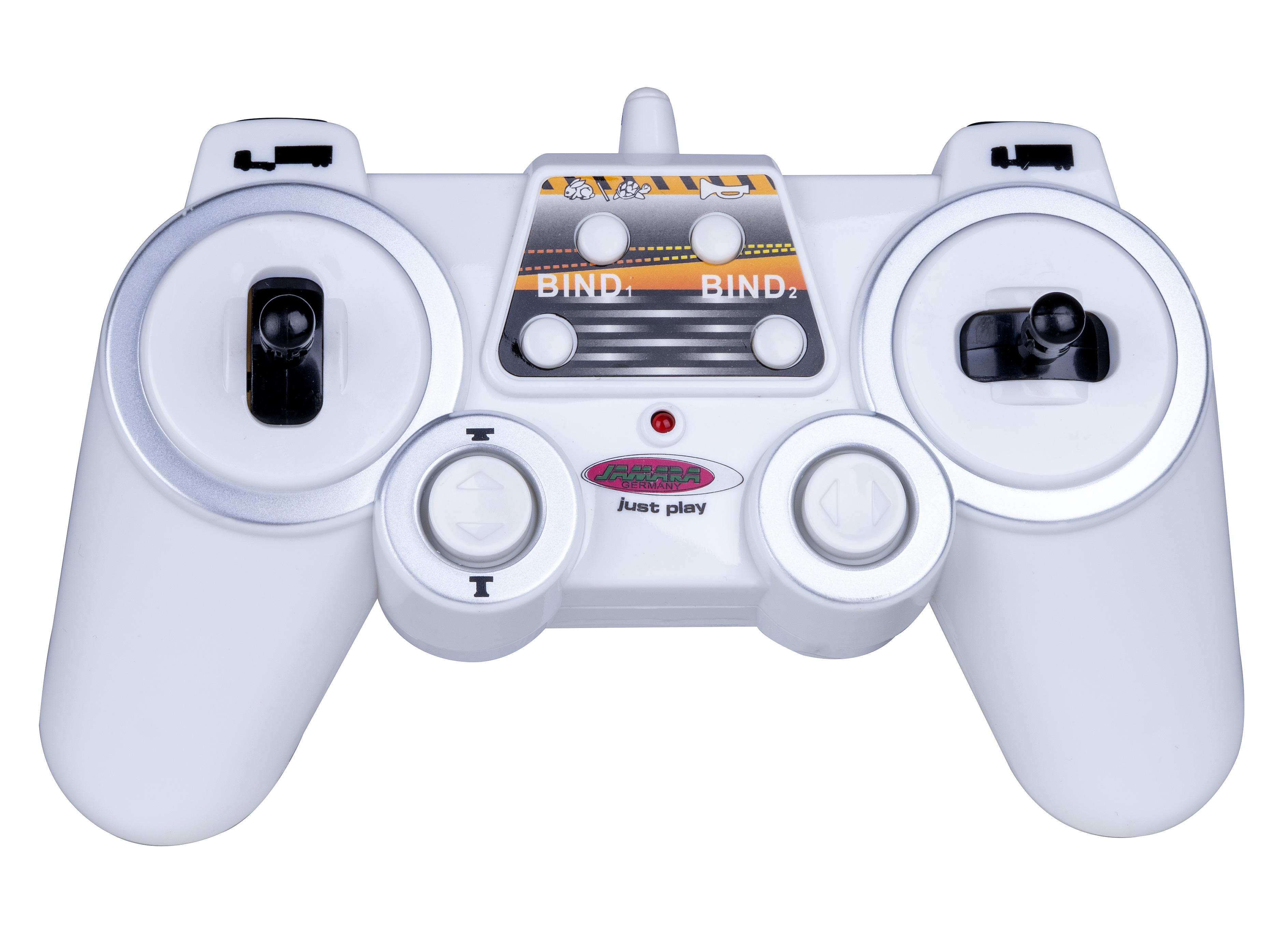 Un mando a distancia blanco con botones y diales para un juguete. El texto dice 'Just Play'.