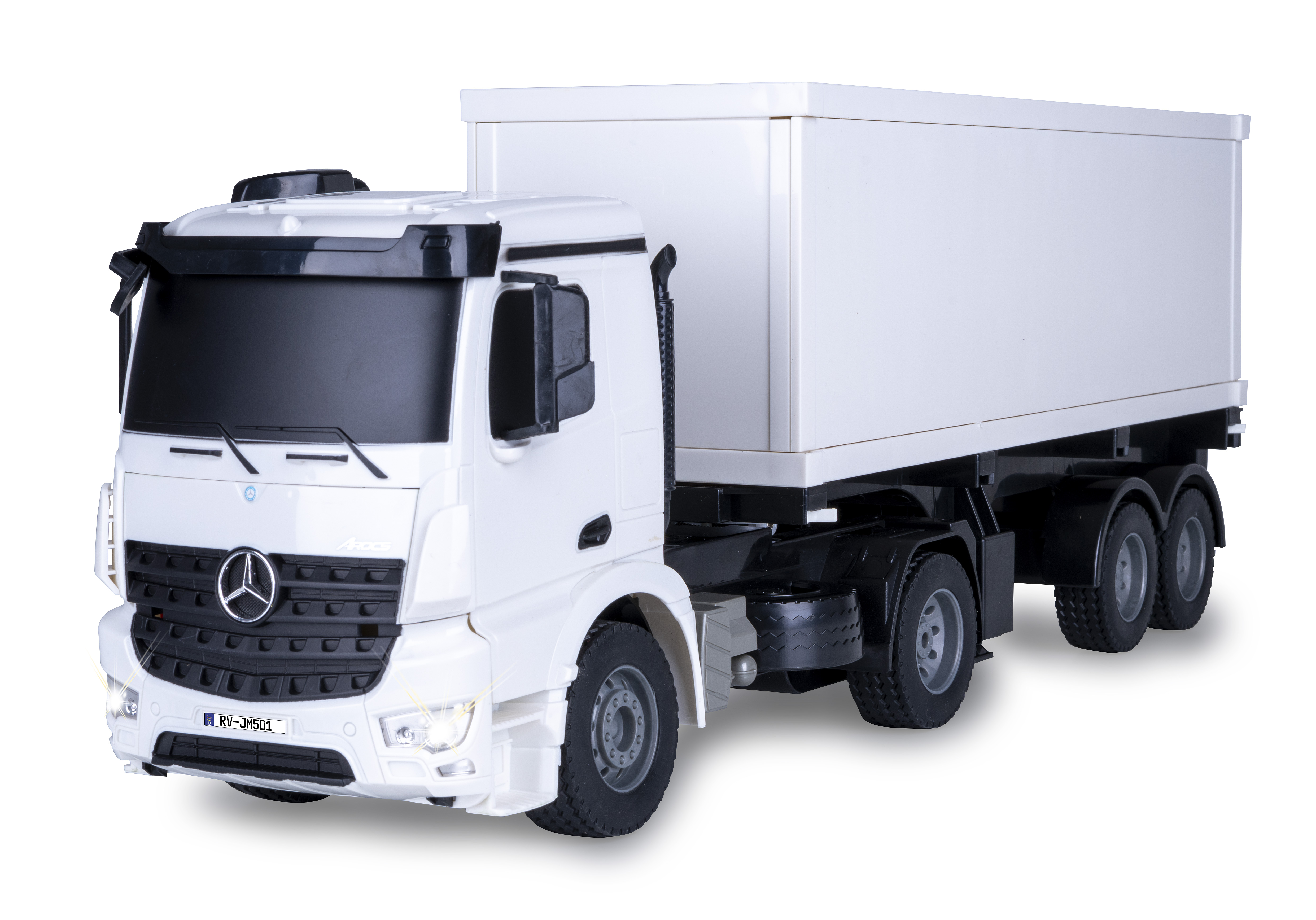 Un camión de juguete blanco con remolque, detalles negros y un logotipo de Mercedes-Benz.