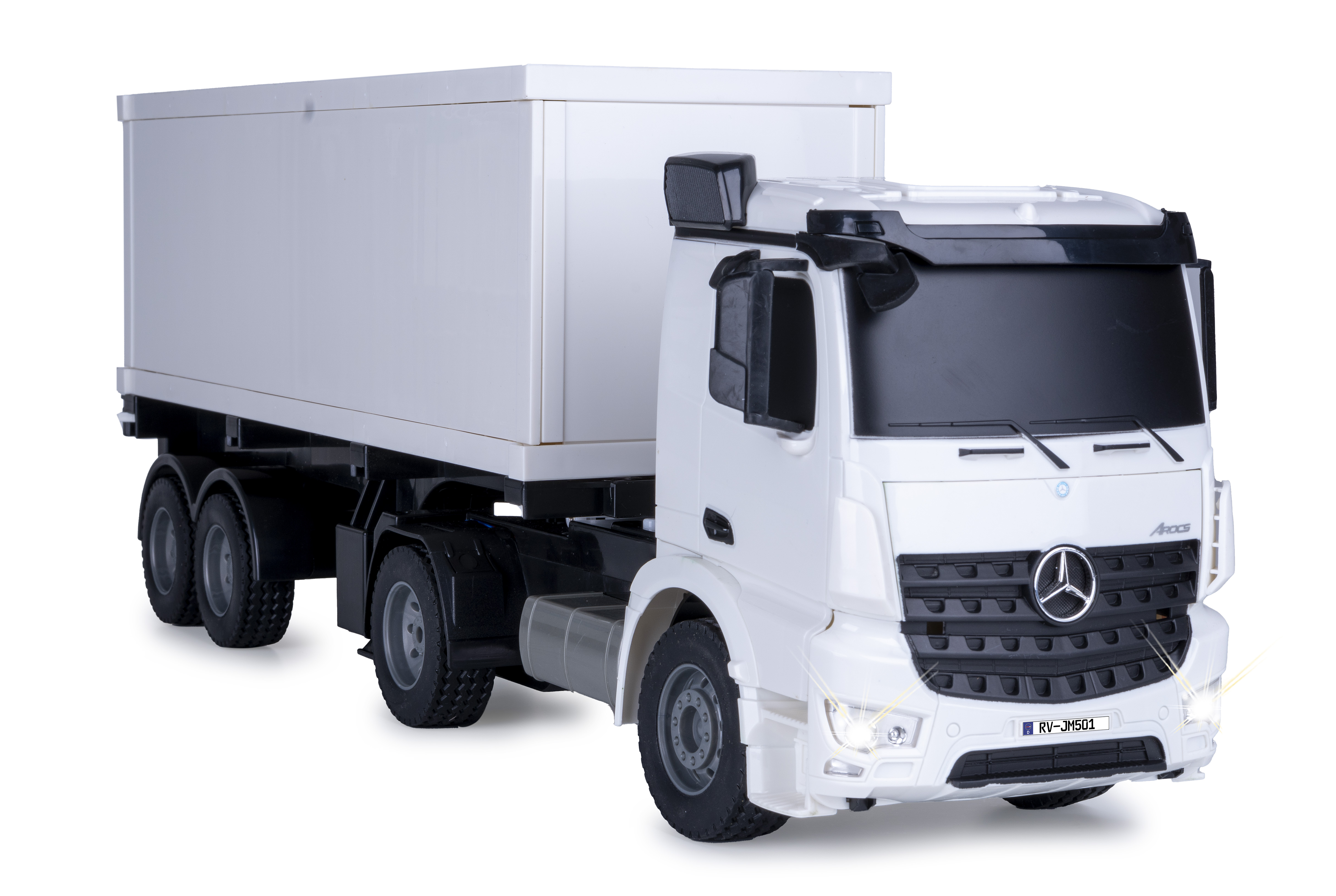 Un camión Mercedes de juguete blanco con un remolque sobre un fondo blanco.