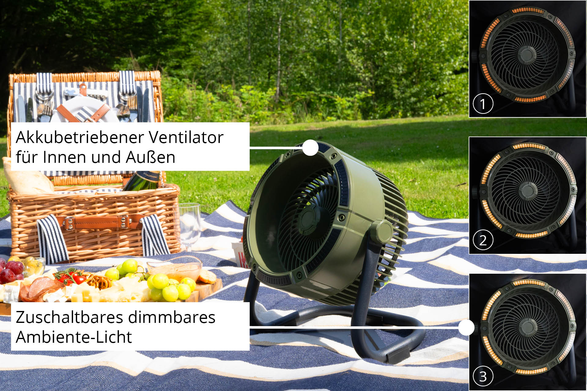 Ein grüner Ventilator steht auf einer Decke mit einem Picknickkorb und Speisen. Der Text zeigt ein dimmbares Licht.