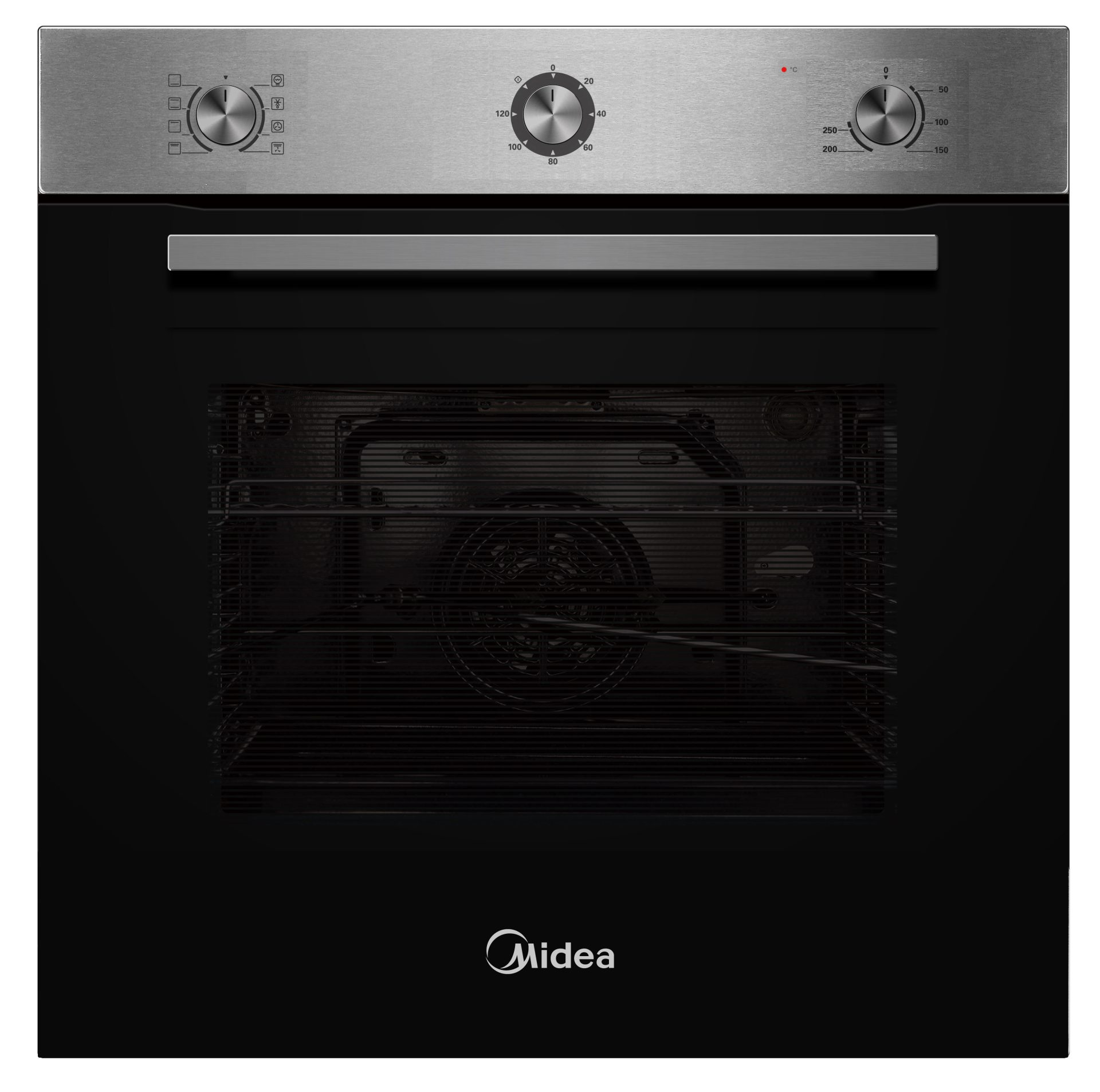 Un horno Midea con molduras de acero inoxidable. La puerta es negra con una rejilla de alambre visible en el interior.