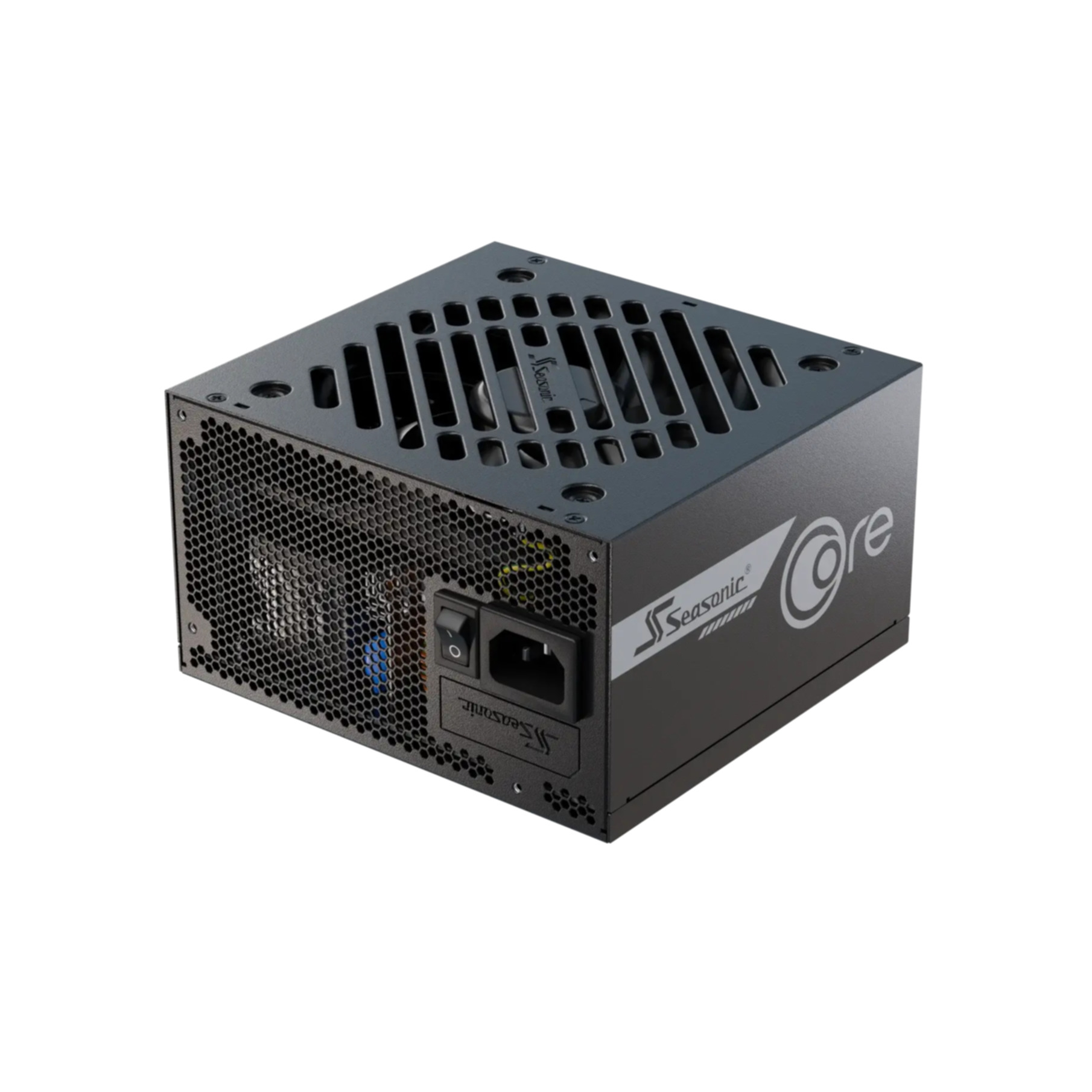 Bloc d'alimentation Seasonic Core noir, avec ventilateur et ports, sur fond blanc.