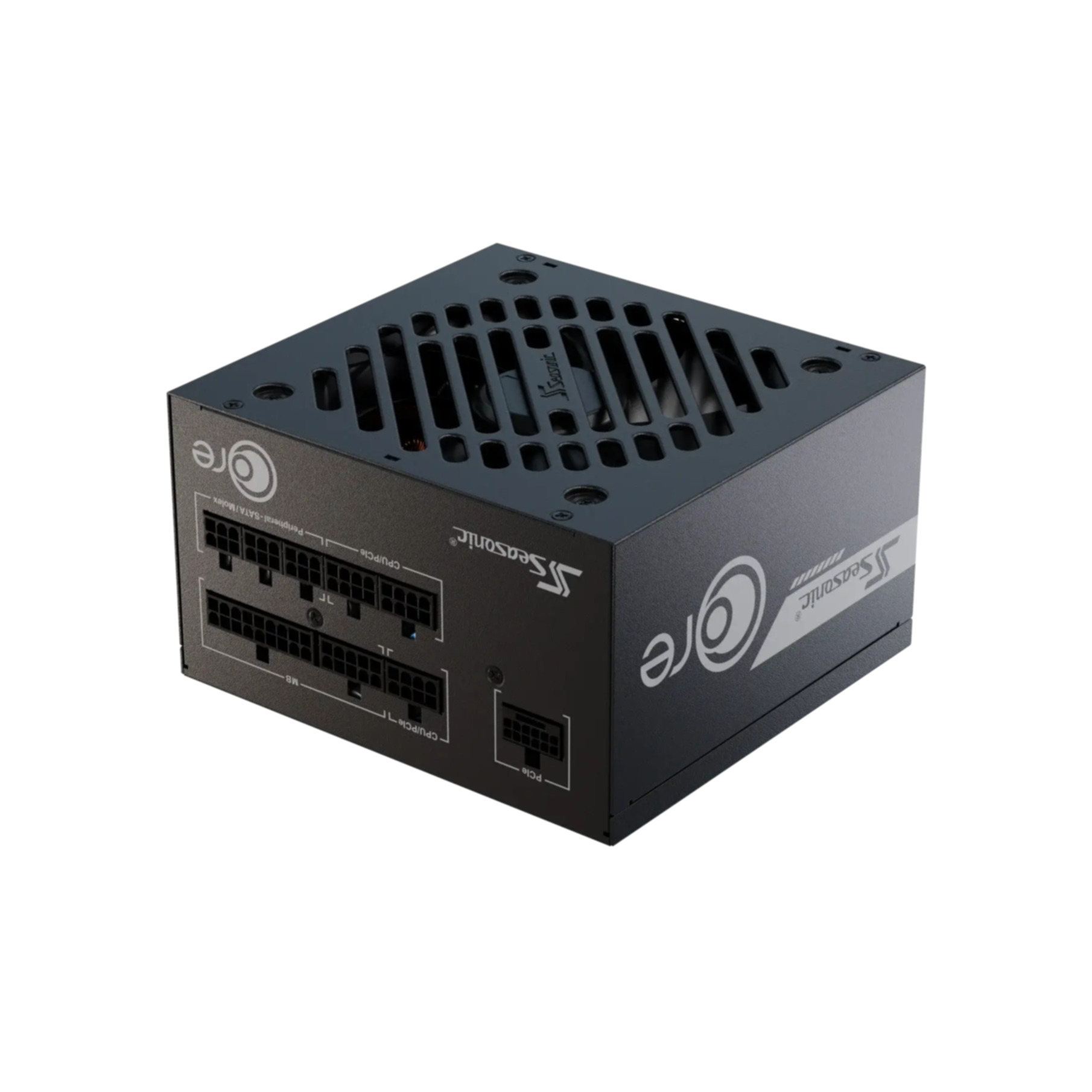 Vue en angle d'un bloc d'alimentation Seasonic Core noir avec ports et ventilateur.
