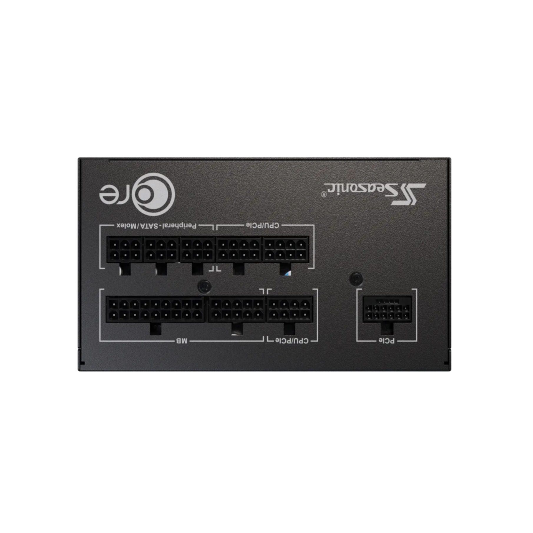 Vue de dessus d'un bloc d'alimentation Seasonic Core noir avec ports et connecteurs.