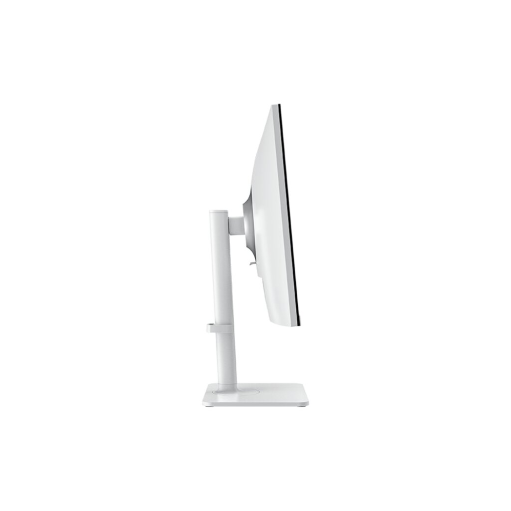 Monitor de computadora blanco de lado, sobre soporte blanco, fondo blanco.