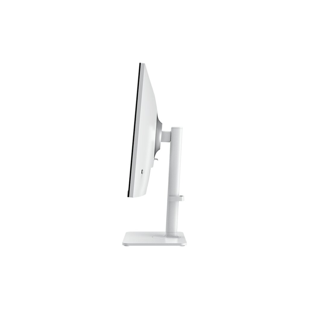Monitor de computadora blanco de lado, sobre soporte blanco, fondo blanco.