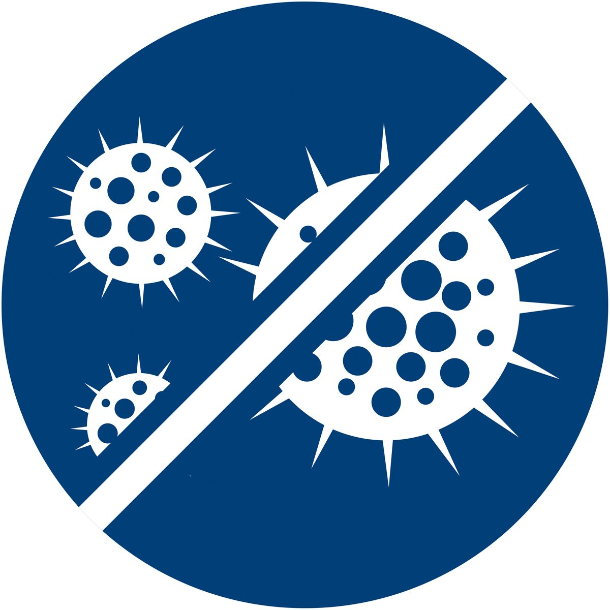 Niebieskie koło z trzema białymi kształtami wirusów przekreślonymi białą linią.