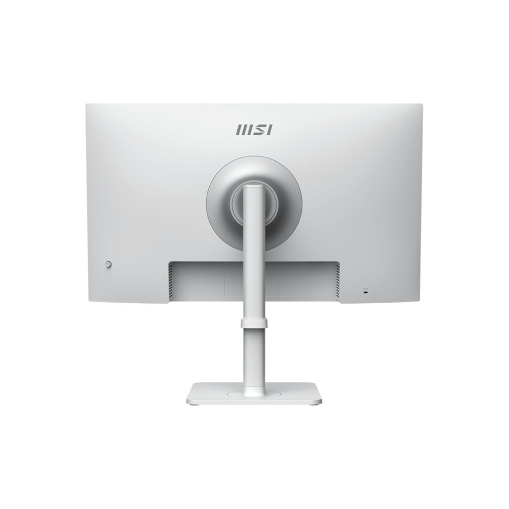 Monitor de computadora blanco, vista trasera, sobre soporte blanco, fondo blanco.