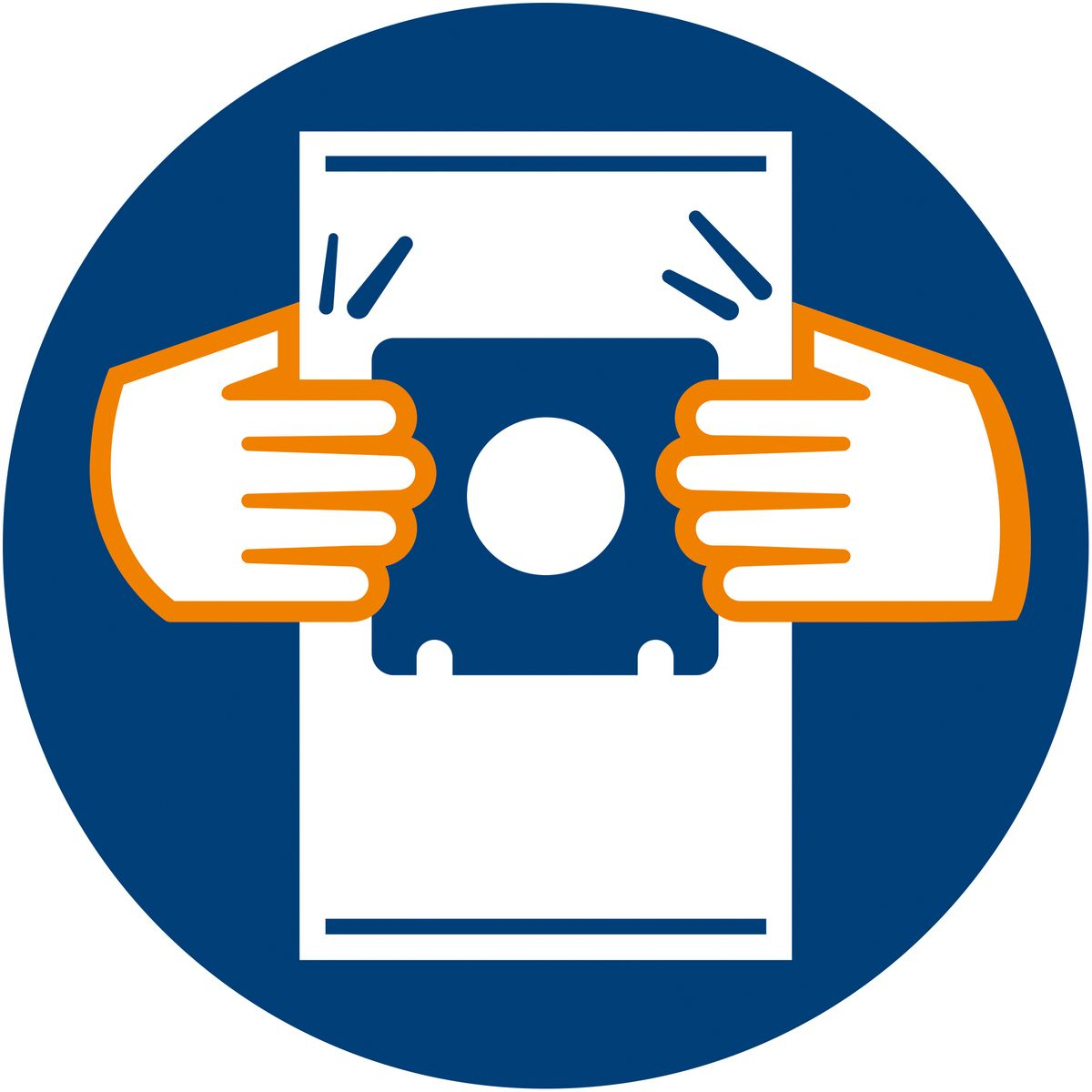 Dłonie trzymające worek do odkurzacza, wewnątrz niebieskiego okręgu. Biały kontur.