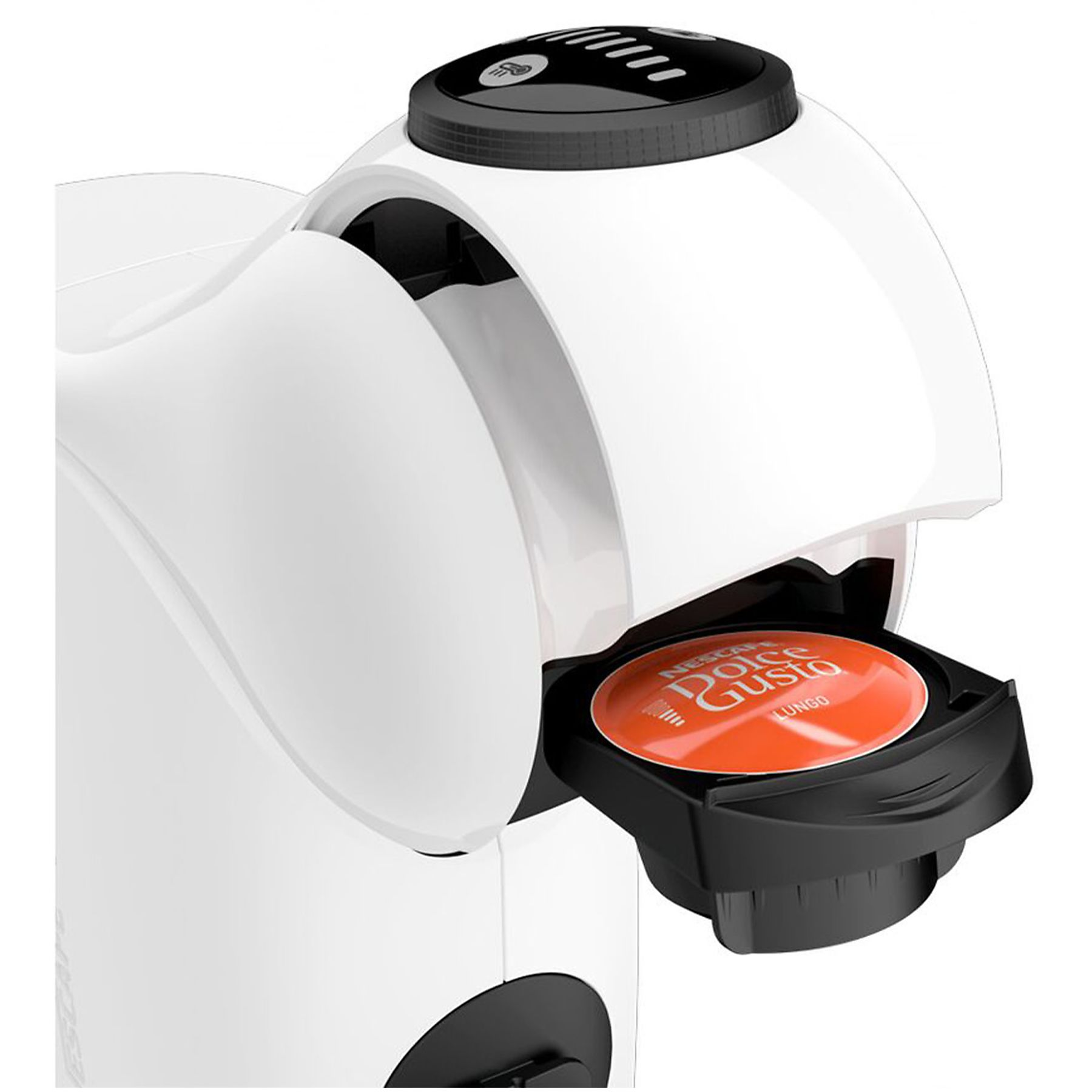Biały ekspres do kawy Nescafé Dolce Gusto z kapsułką wkładaną do zaparzania.