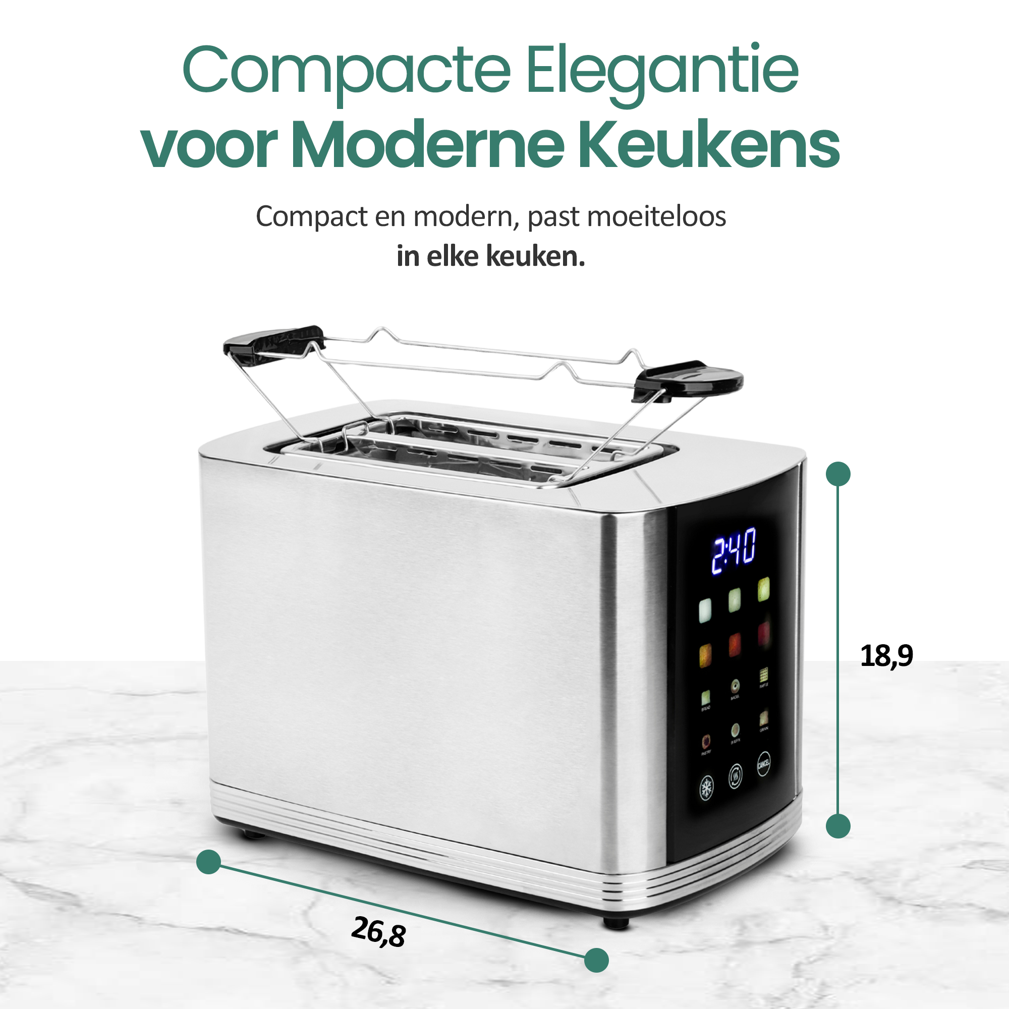 A silver toaster oven on a marble surface shows dimensions and text: "Compact Elegance for Moderne Keukens."