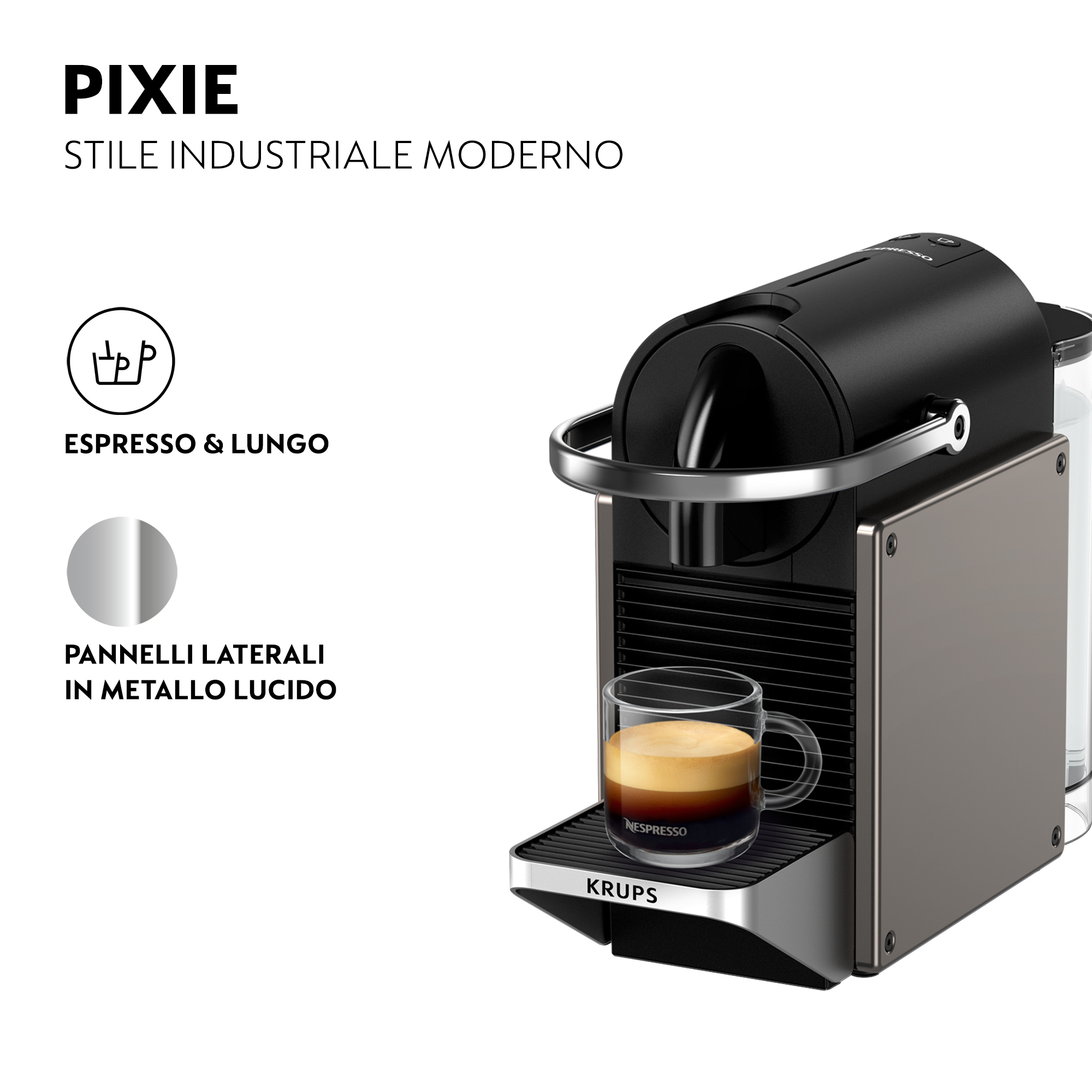 Eine schwarz-graue Krups Nespresso-Maschine mit einer Tasse Kaffee auf der Tropfschale.
