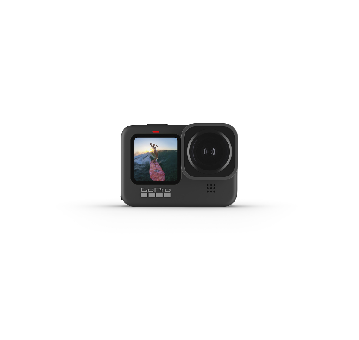 Eine schwarze GoPro-Kamera, die eine Person beim Surfen zeigt.