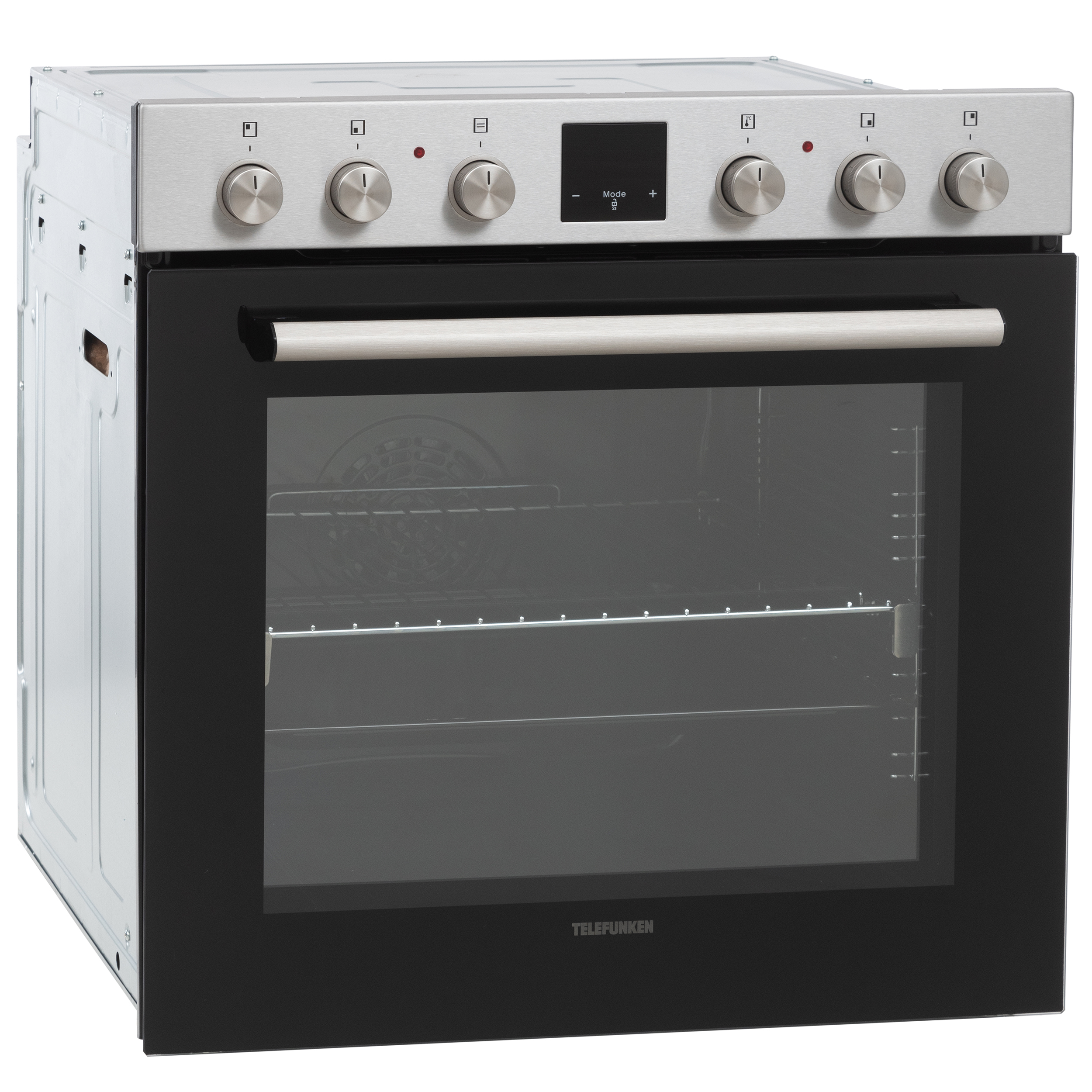 Ein Backofen mit schwarzer Tür und Edelstahl-Finish. Knöpfe und ein Display oben.
