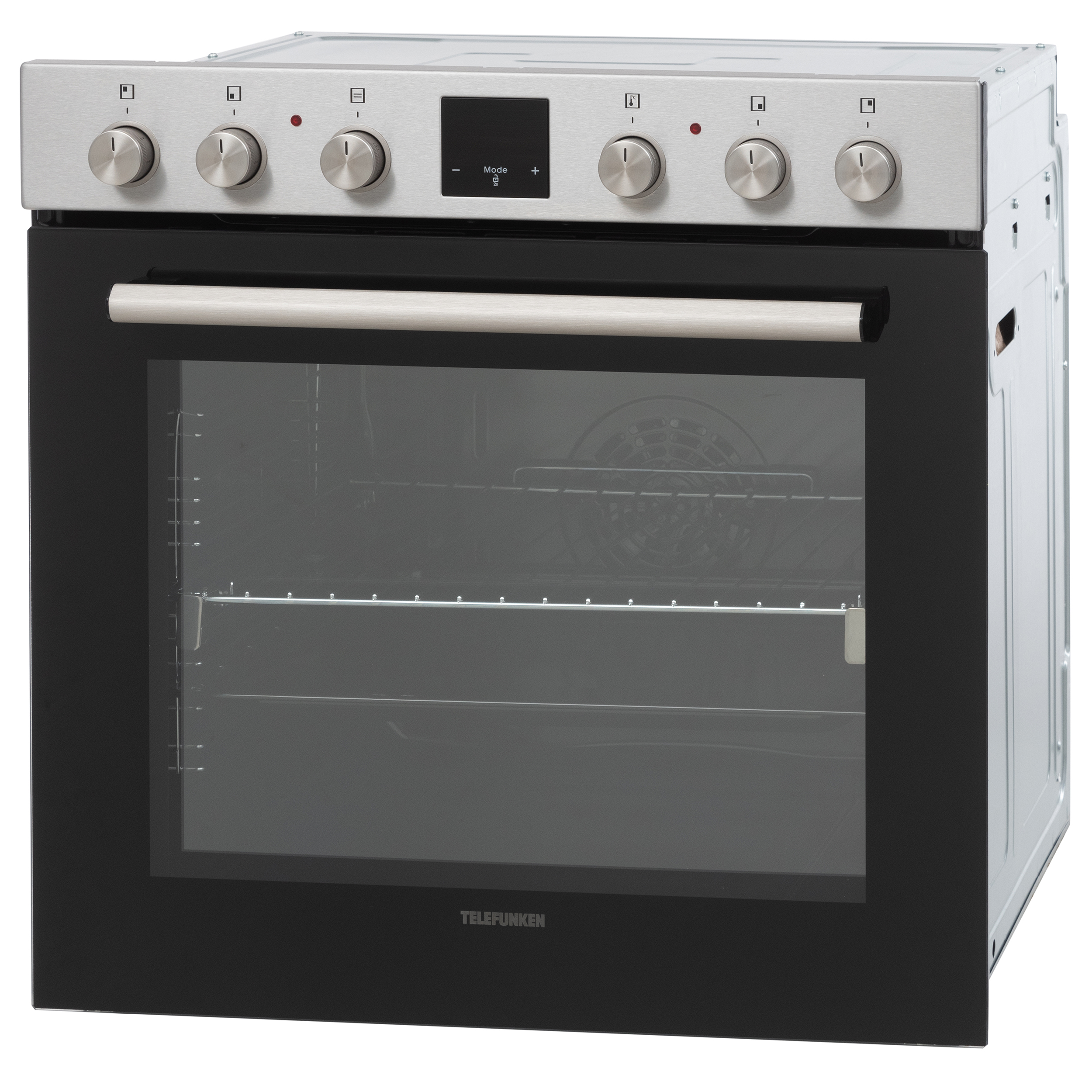Ein Backofen mit schwarzer Tür und Edelstahl-Finish. Knöpfe und ein Display oben.