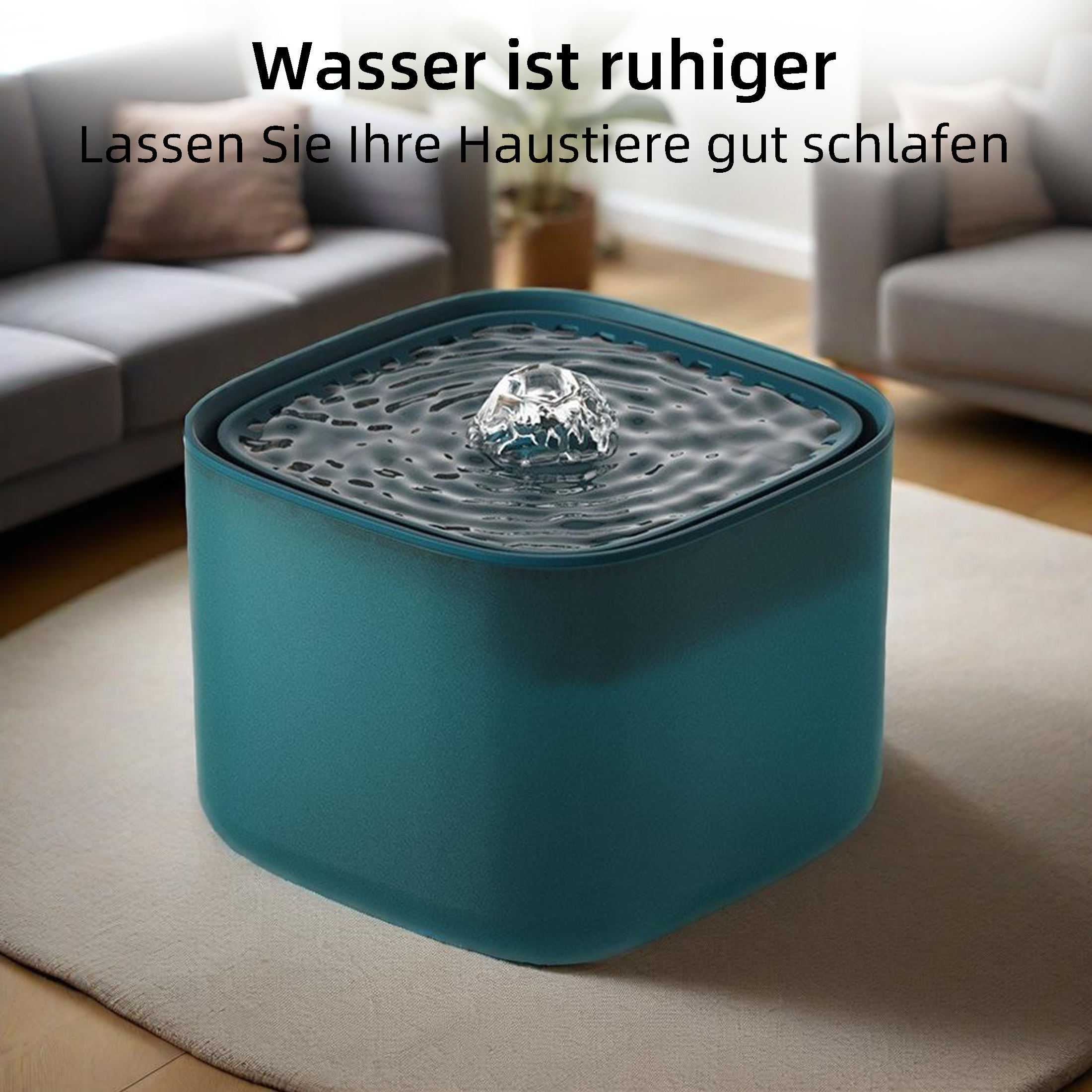 Ein türkisfarbener Haustierbrunnen mit einer Wasserblase oben, auf einem weißen Teppich in einem Wohnzimmer.
