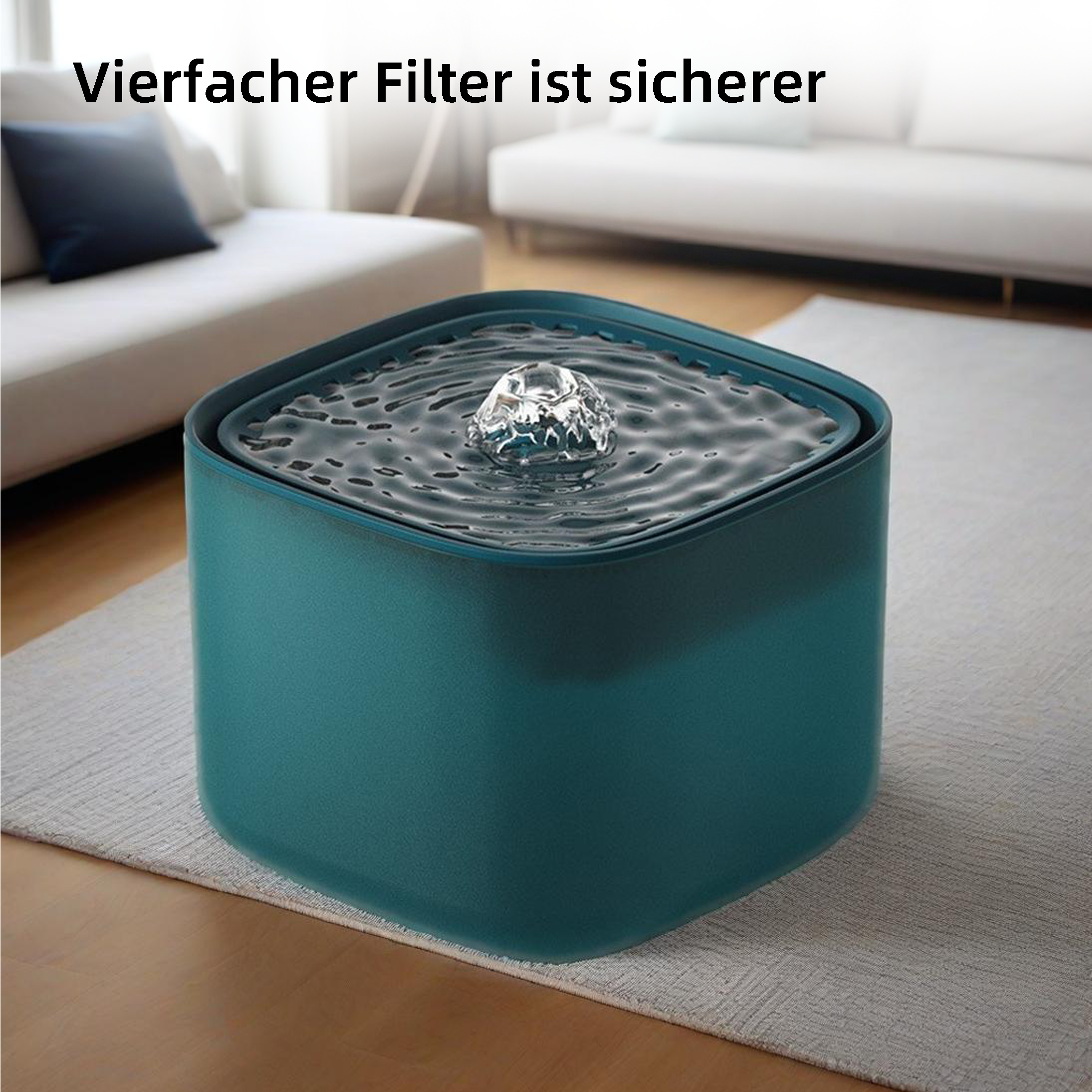 Ein türkisfarbener Haustierbrunnen mit einer Wasserblase oben, auf einem weißen Teppich in einem Wohnzimmer.